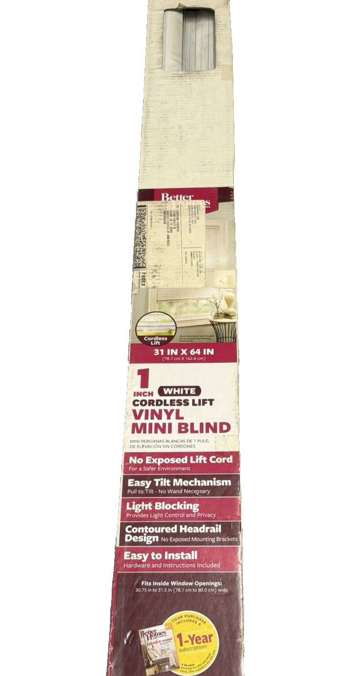 Cordless- 1″-Vinyl-Light Filtering Blinds-White 31″X64″-No Exposed Lift Cord-NIB