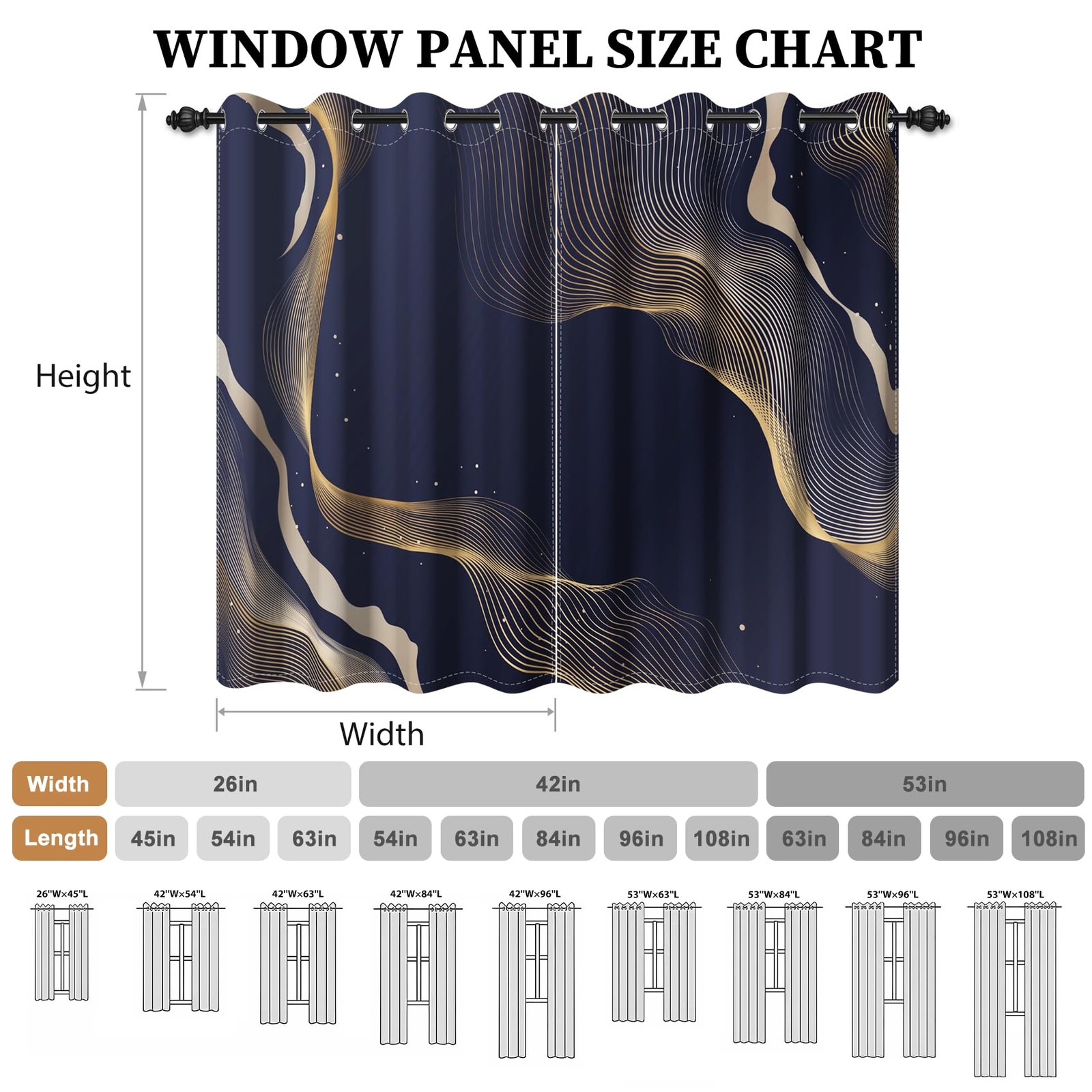 Modern Abstract Geometric Line Decorative Curtains, Blue Black Minimalist Oce…