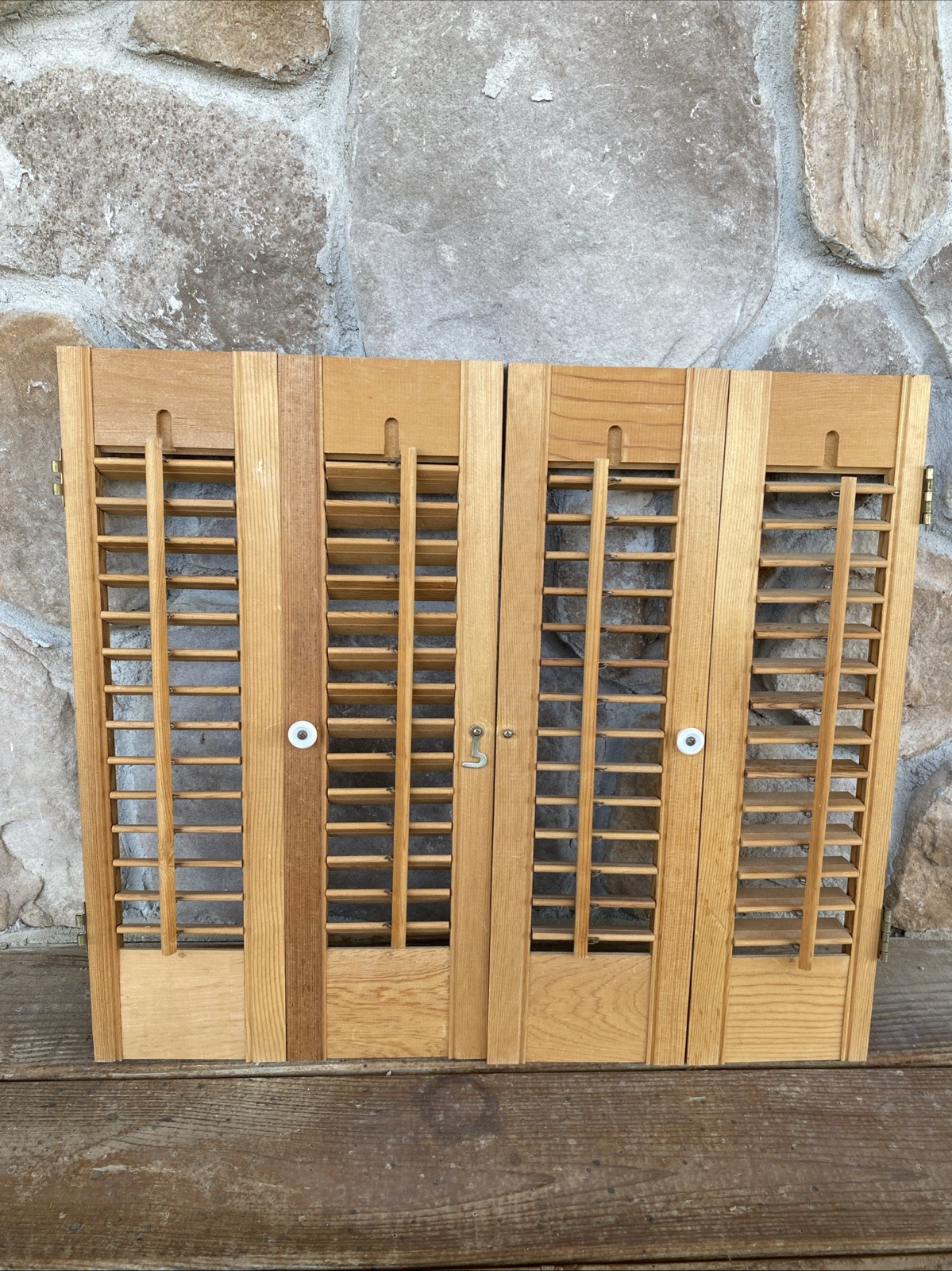 Vintage Plantation Window Shutters Set 20” Tall 23”W Wood Interior Louver Brown