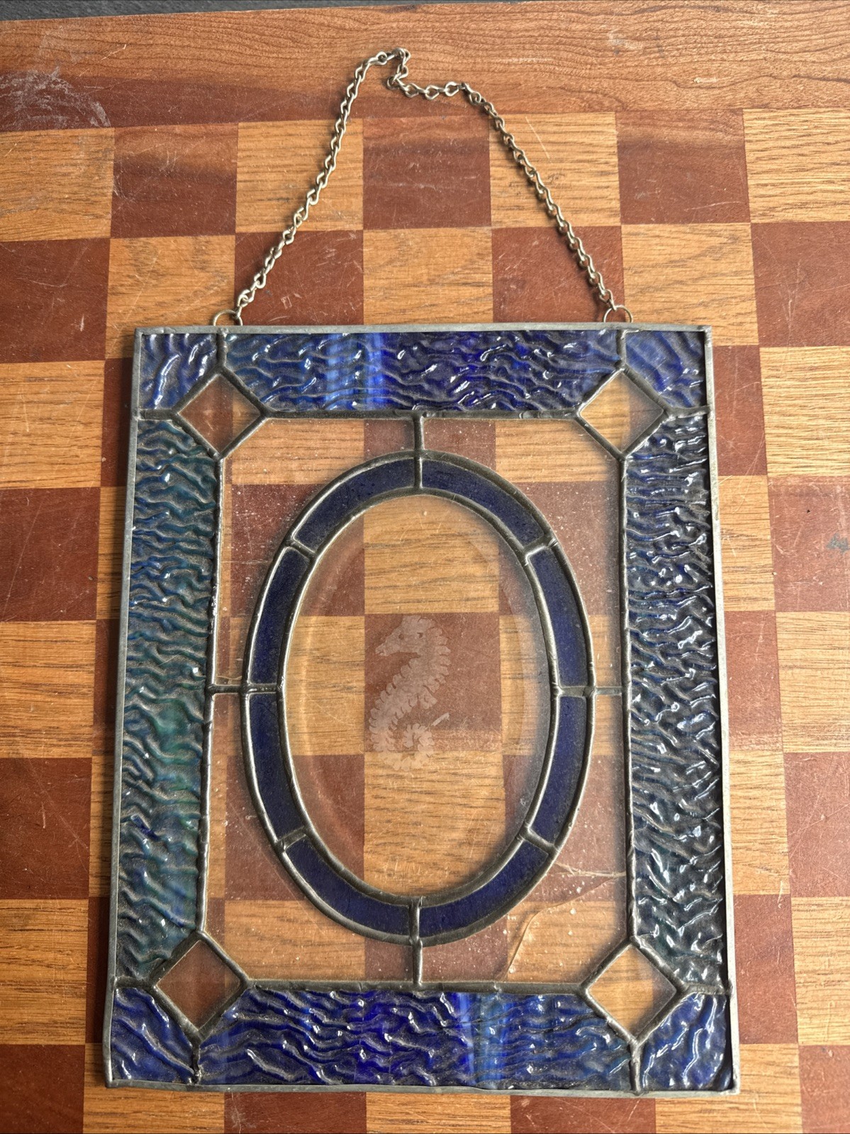 Vintage Stained Glass Sea Horse Suncatcher Window Art Decor 8”X11” Square Used