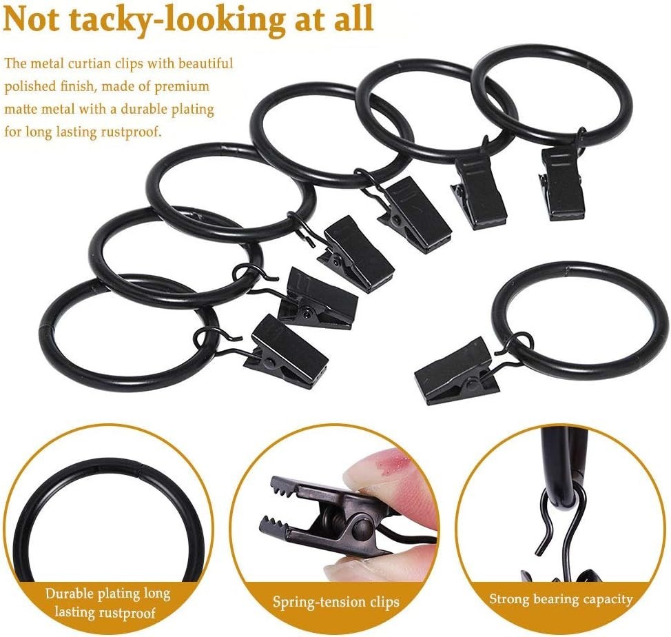 Versatile Rustproof Curtain Rings with Clips – 1.5 Inch Black Drapery Set of 44