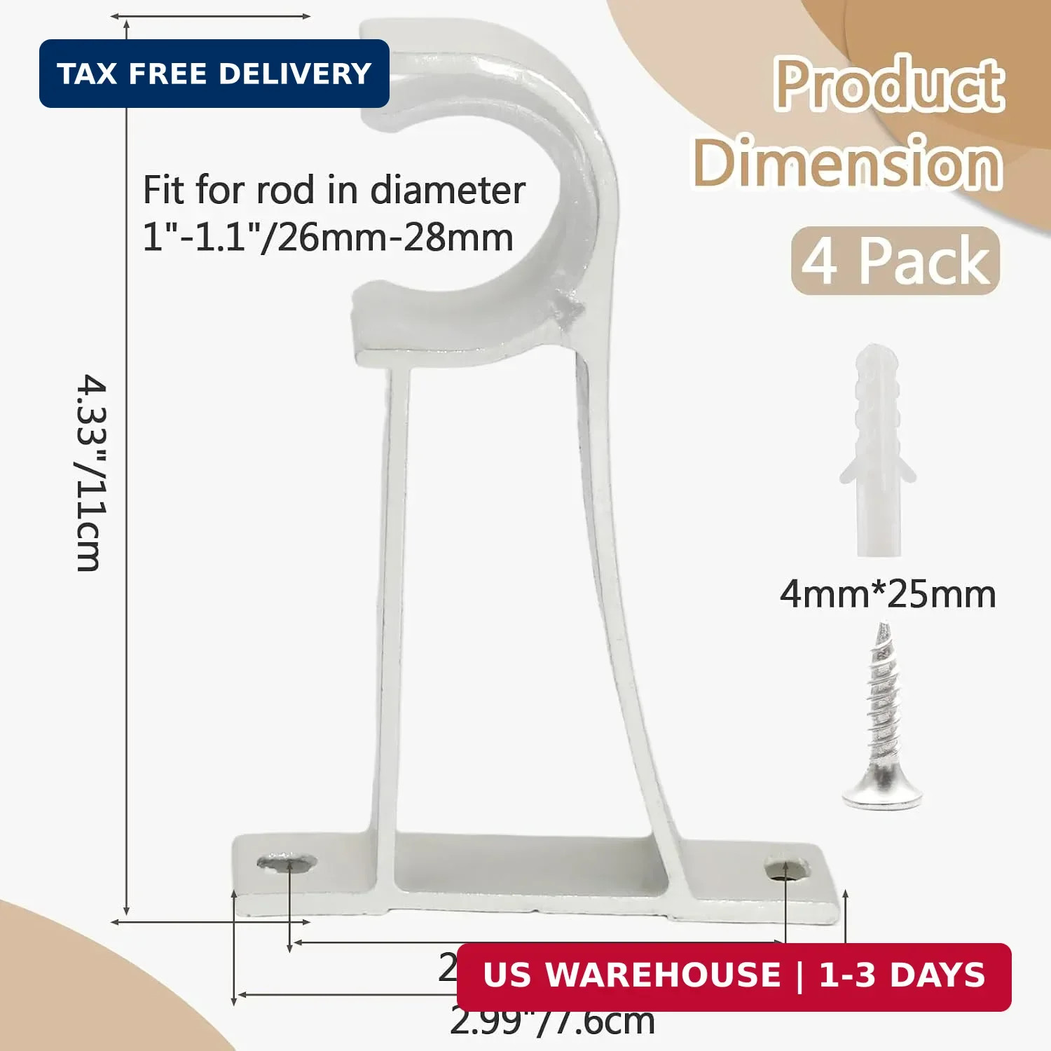 Curtain Rod Brackets for Wall, 4 Pack, White Curtain Rod Holders | for 1 Inch Dr