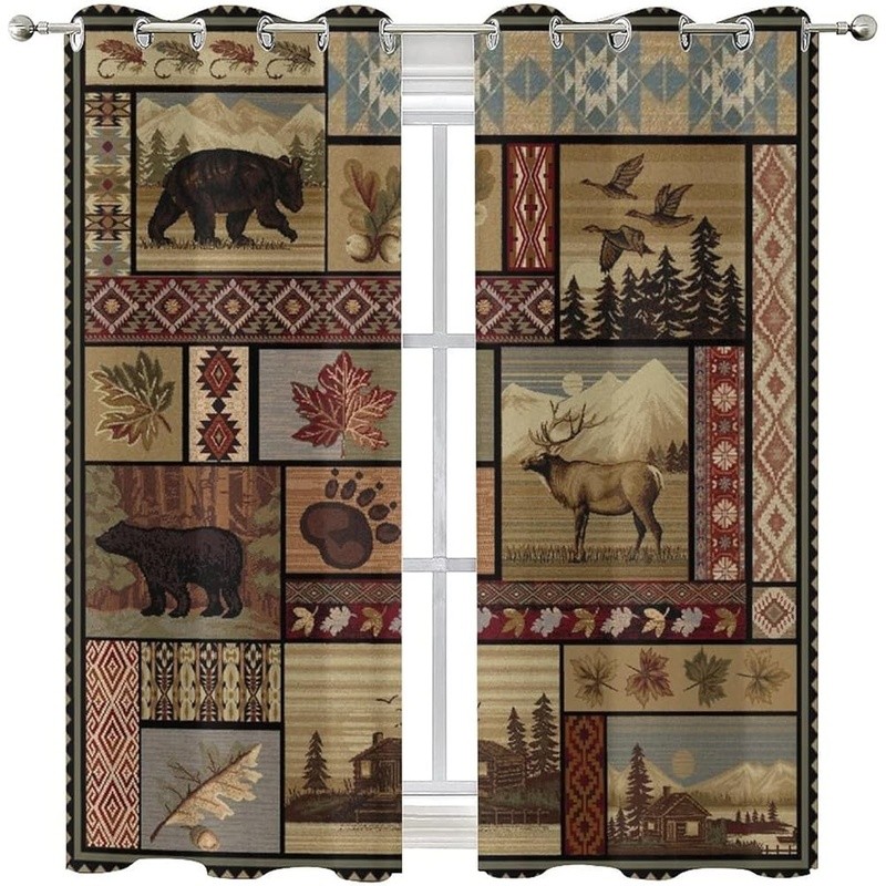 Blackout Curtains Grommet Panels Soft Polyester Deer Bear Print Room Darkening