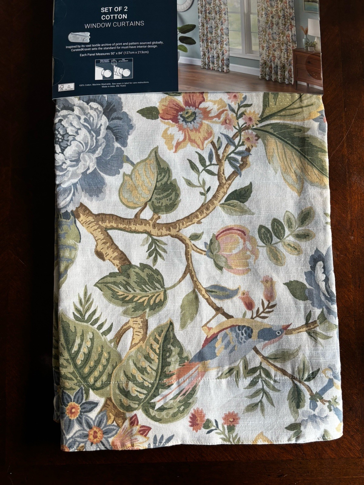NWT Curated Kravet 2 pc Window Curtains Jacobean Floral Birds Cotton 50″ x 84″