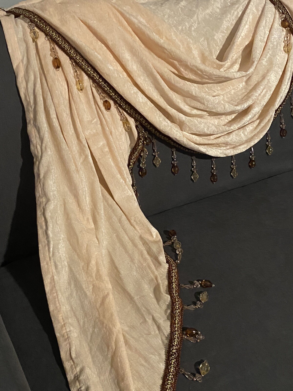 Elkca Beaded Chenille Waterfall Valance, Beige, 2 Swag, 59”