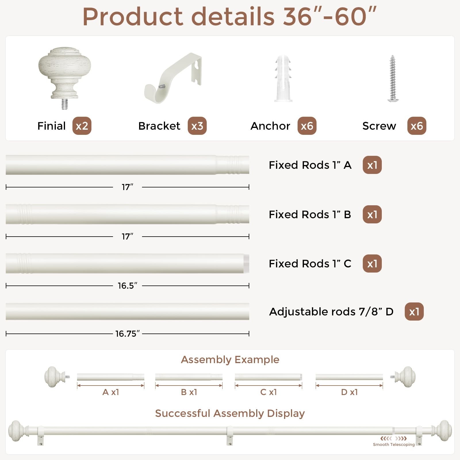 Antique White Curtain Rods for Windows 30 to 56 Inch, Decorative Heavy Duty S…