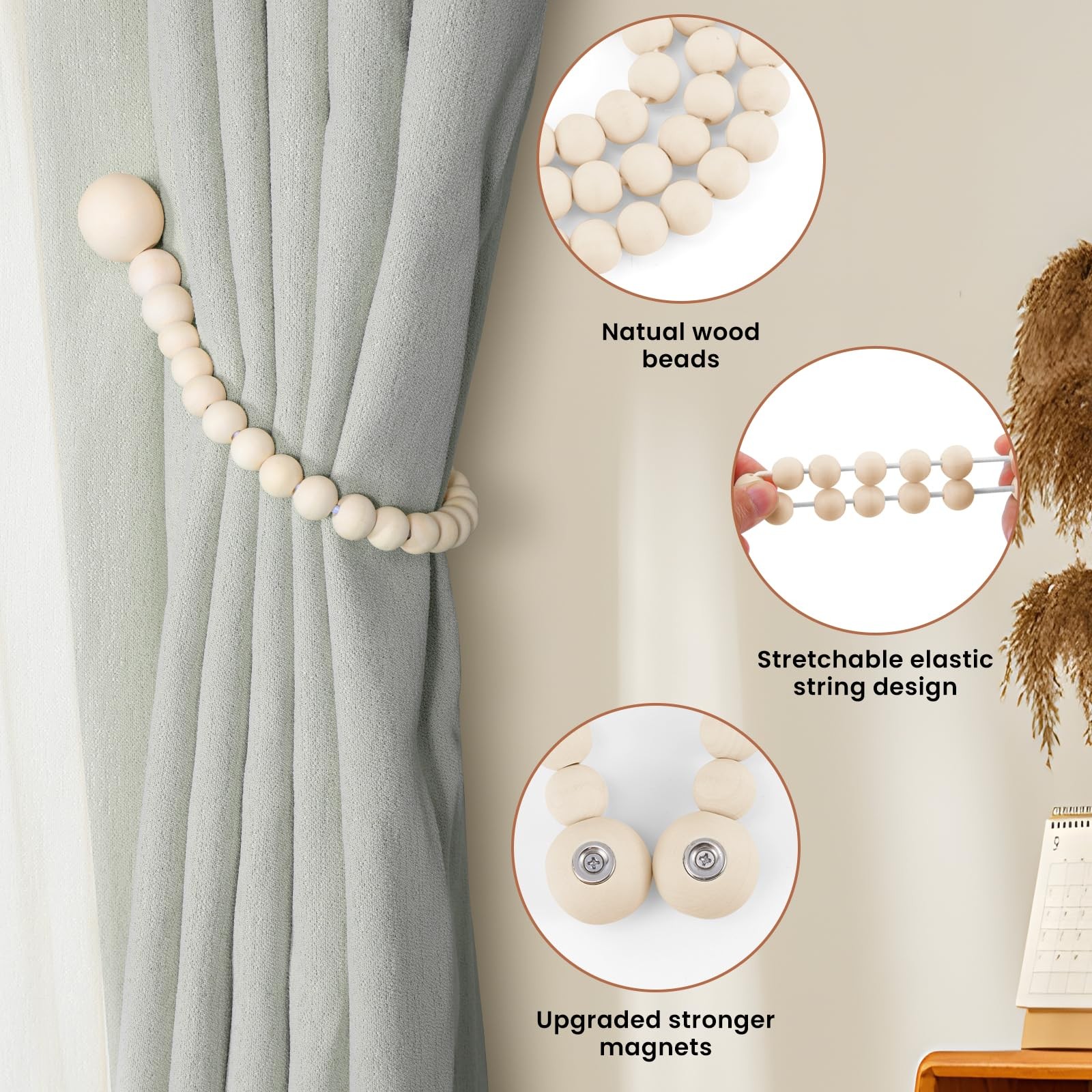 Magnetic Curtain Holders, Natural Wood Beads, Boho Decor, White