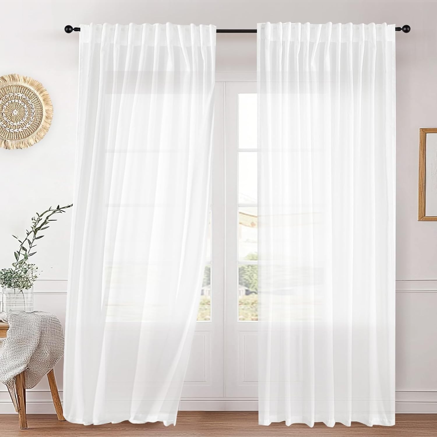 Semi Sheer Curtains 84 Inch Long – White Chiffon Privacy Protection Light Fil