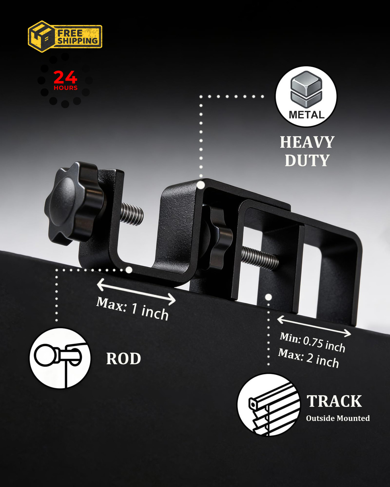 Mimiio No Drill Curtain Rod Brackets for Outside-Mount Black-3PCS, Black