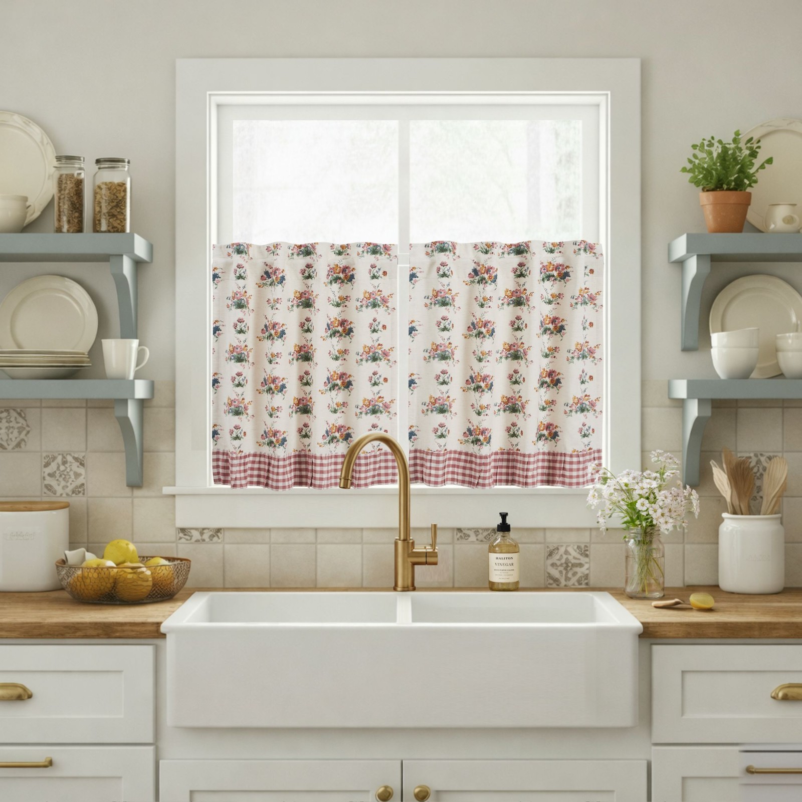 New Primitive Farmhouse Vintage COTTAGE FLORAL GINGHAM CHECK TIERS Cafe Curtains