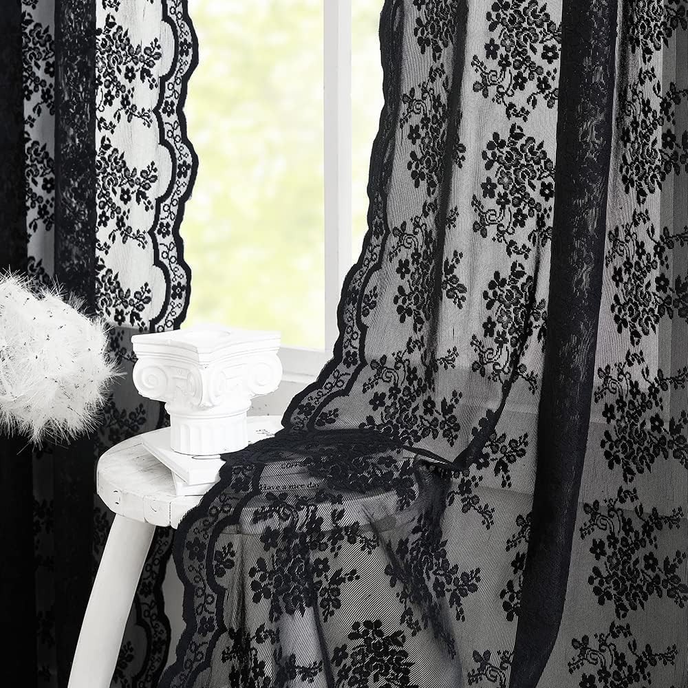 Vintage Lace Sheer Curtains Floral Branch Rod Pocket 52×84 Inch Ivory for French