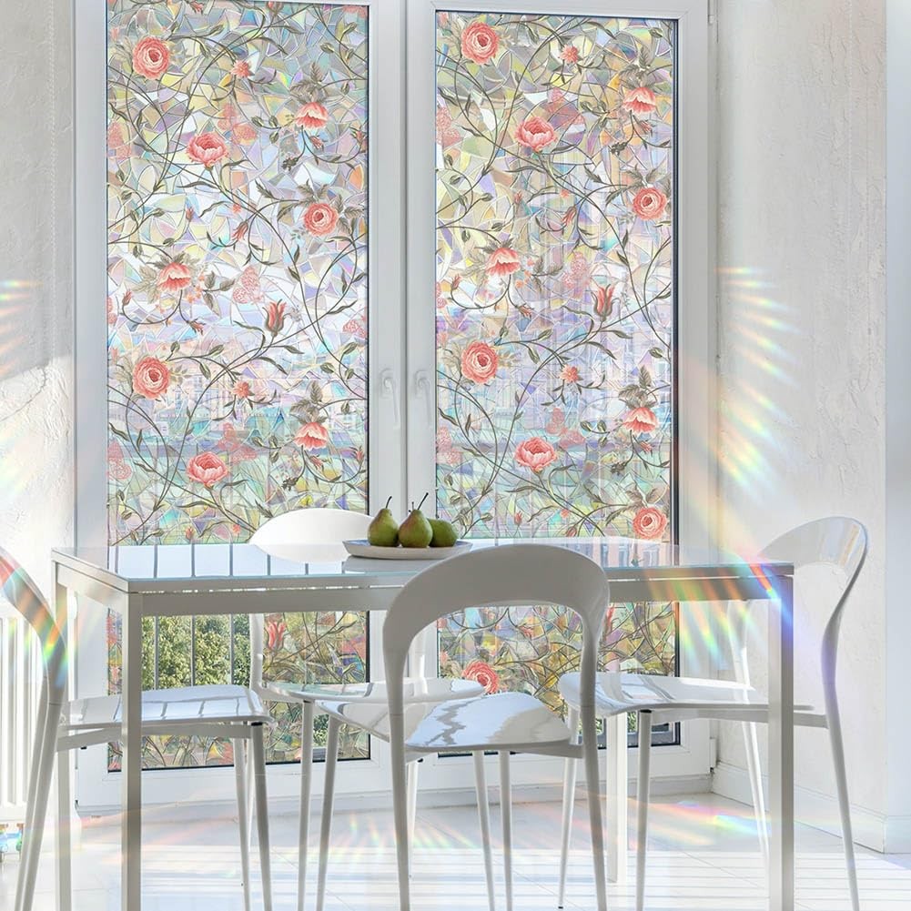 Stained Glass Privacy Film Red Rose Sun Blocking Decor, 16.93×39.37in