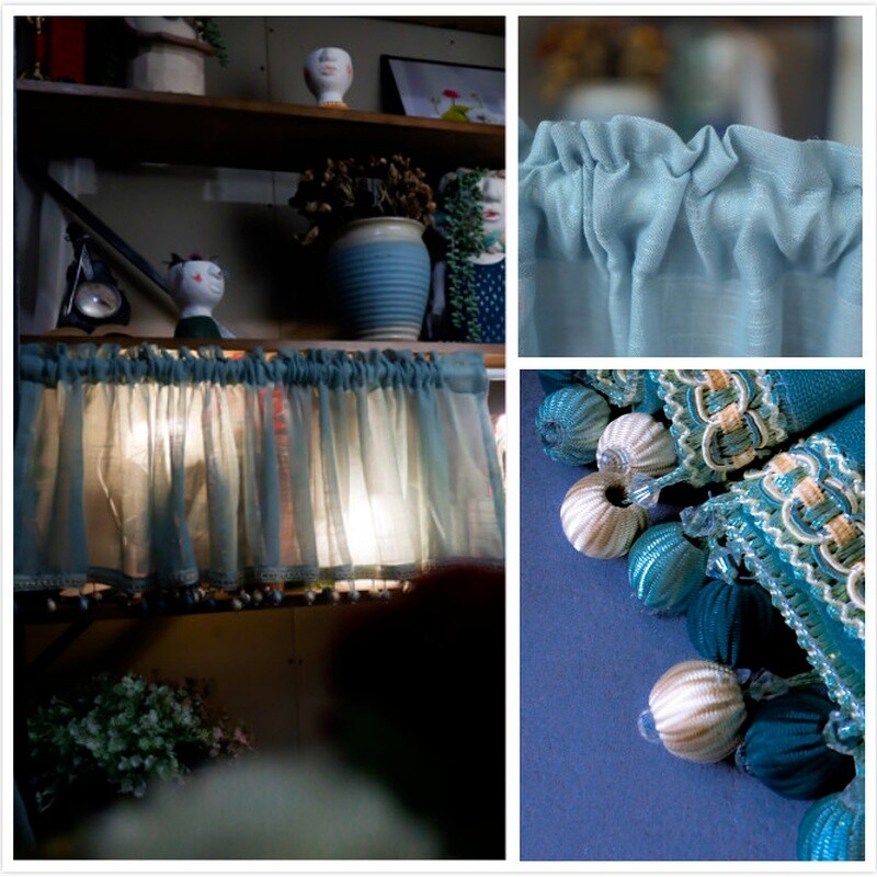 Blue Half Coffee Curtains Beads Tassel Window Curtain for Kitchen Cabinet