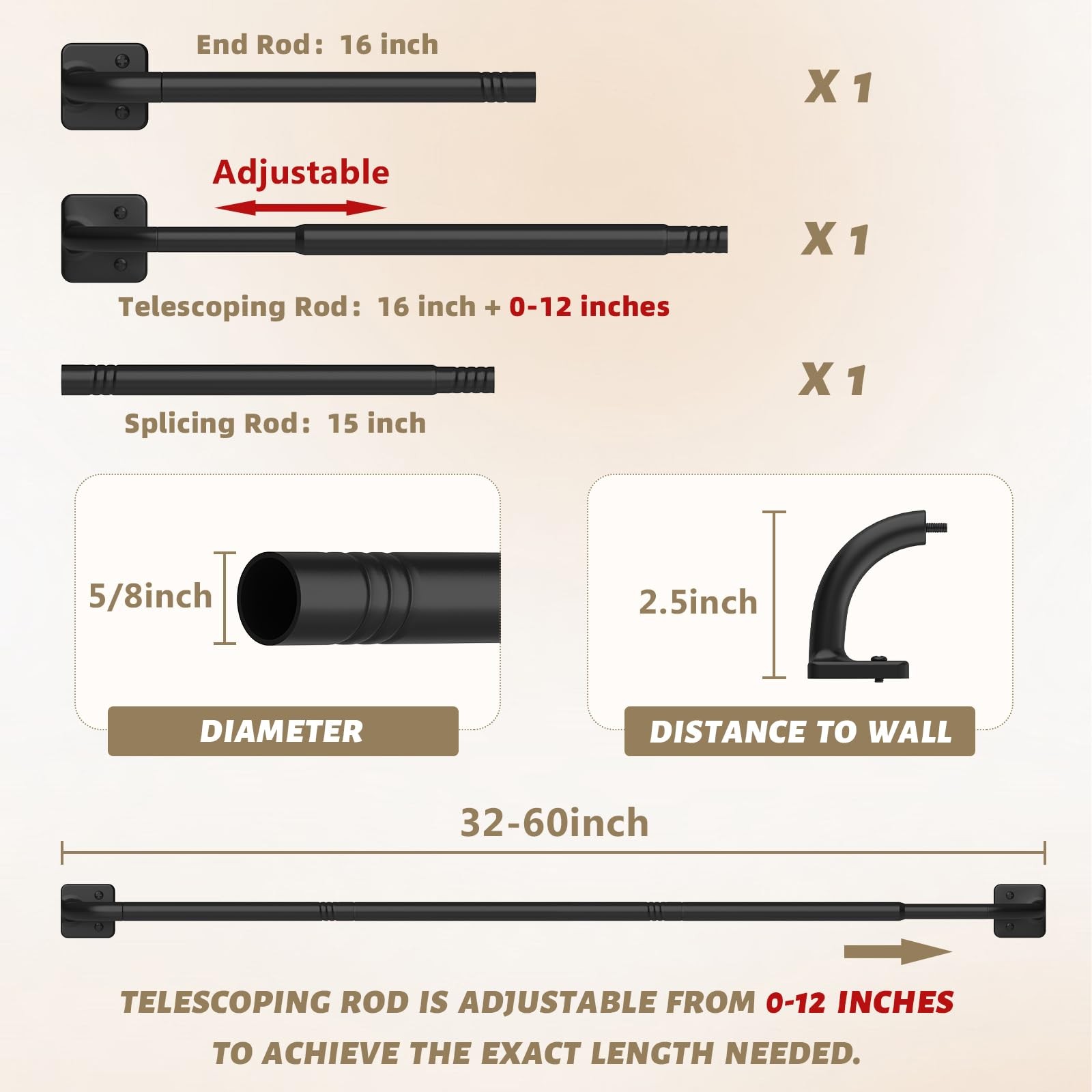 Black 5/8 Inch 3260 In Wrap Around Room Darkening Blackout Curtain Rod Set