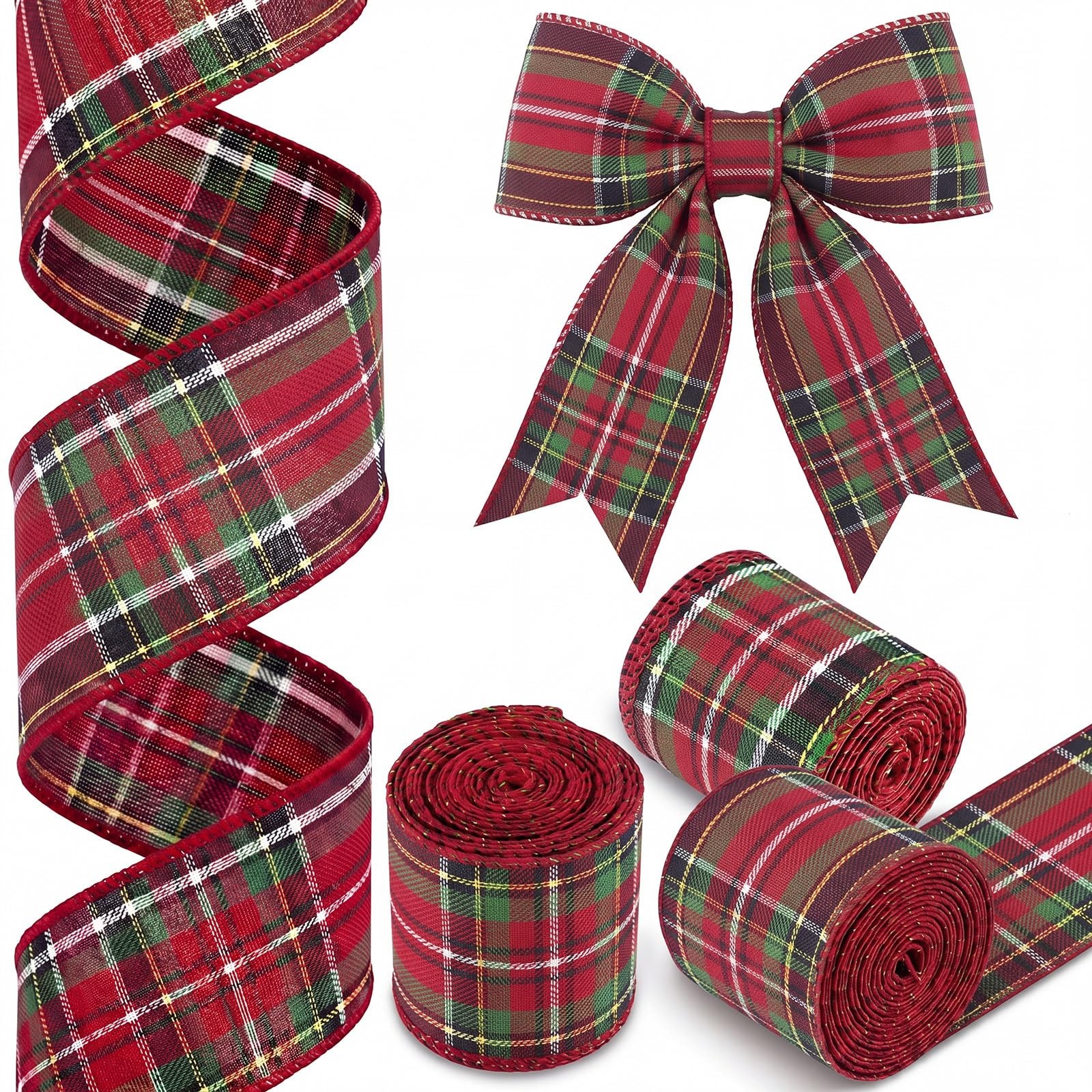 3 Rolls Christmas Wired Ribbon Red Green Plaid Tartan Ribbon with Metallic Th…