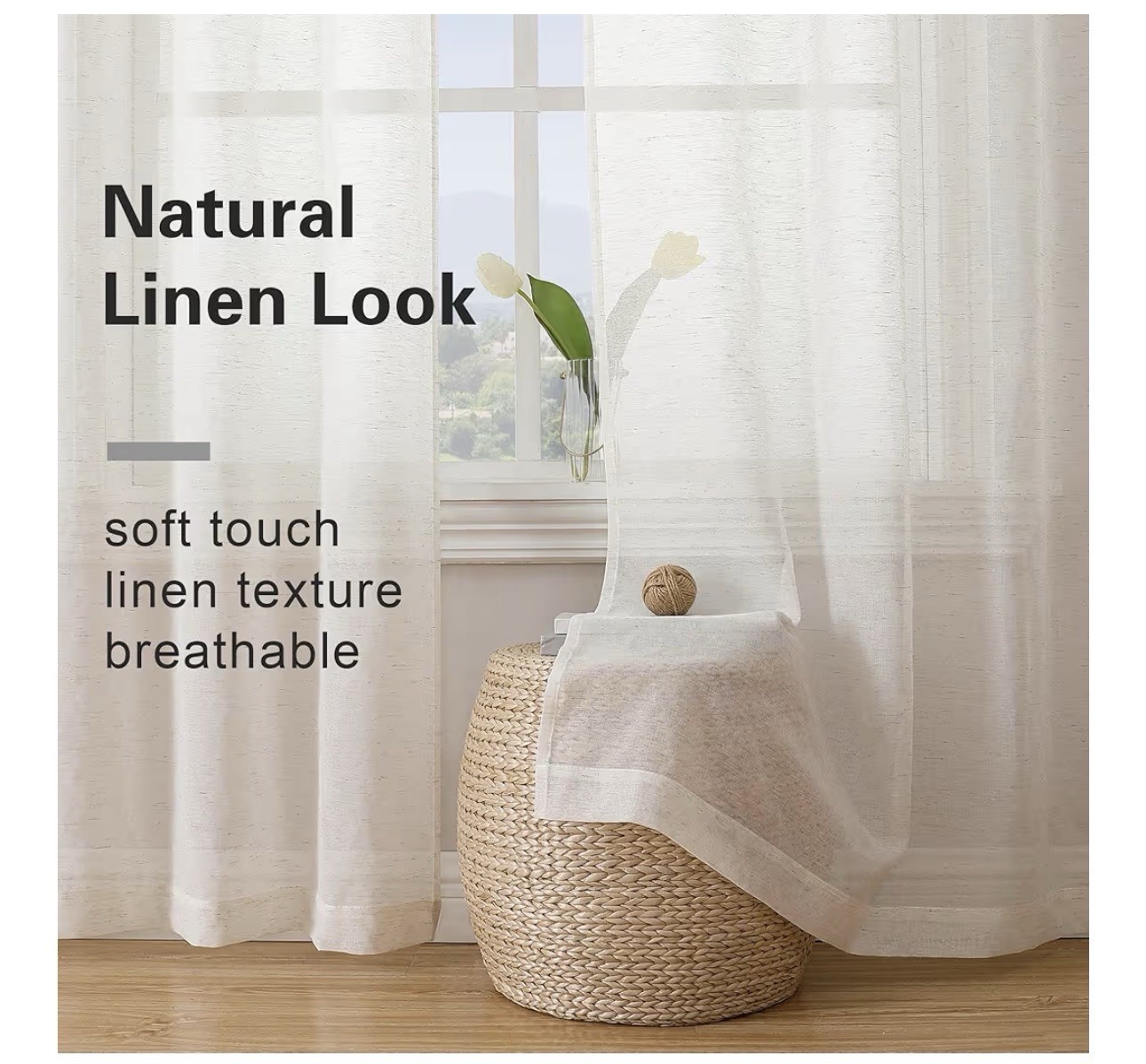 Simplebrand Natural Linen Textured Sheer Curtains 63 Inch Length 2 Panels