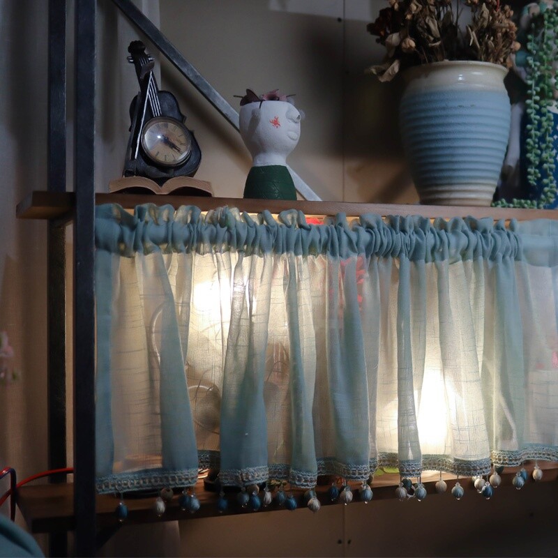 Blue Half Coffee Curtains Beads Tassel Window Curtain for Kitchen Cabinet