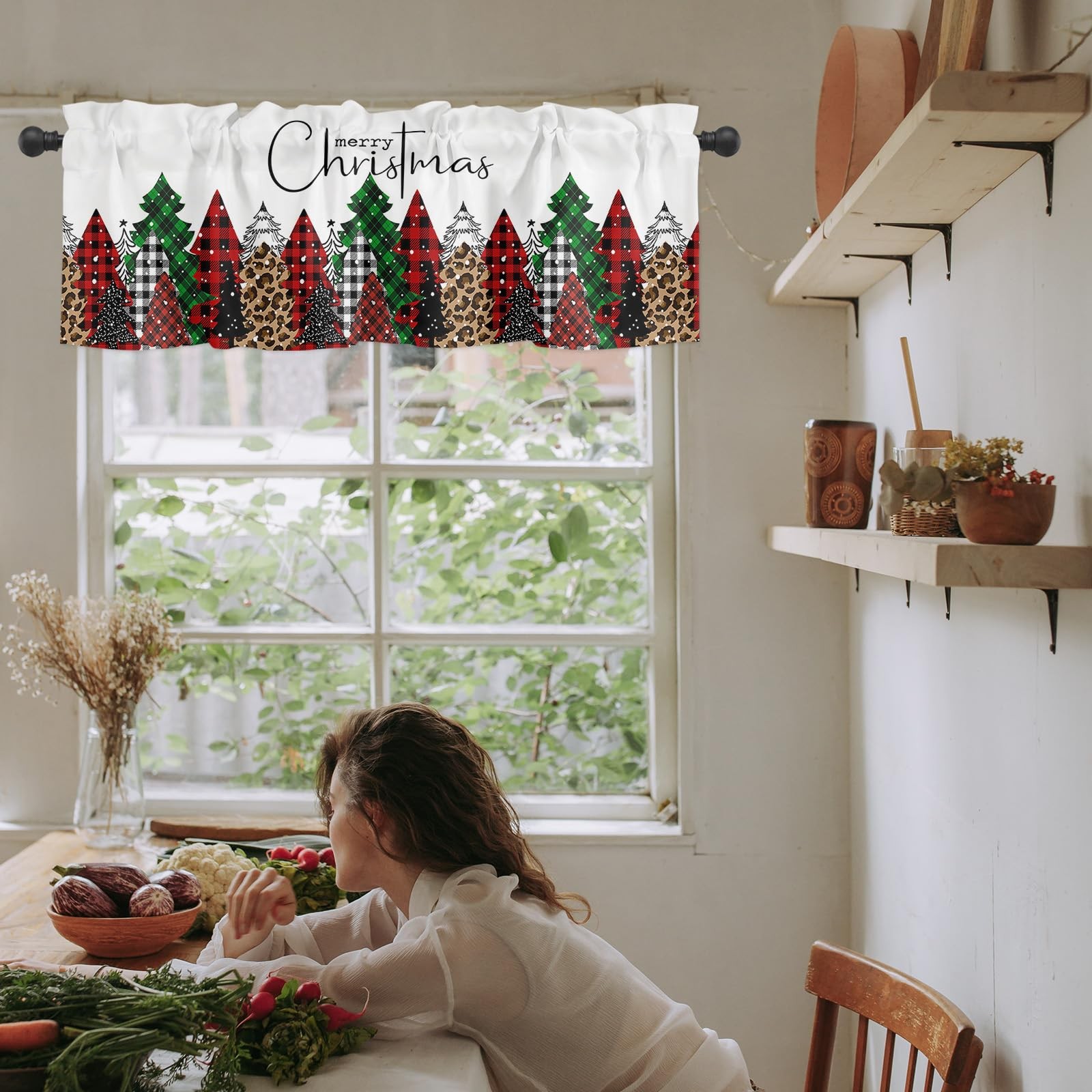 Cortinas navideñas con cenefa para decorar ventanas de cocina, 137 x 45 cm