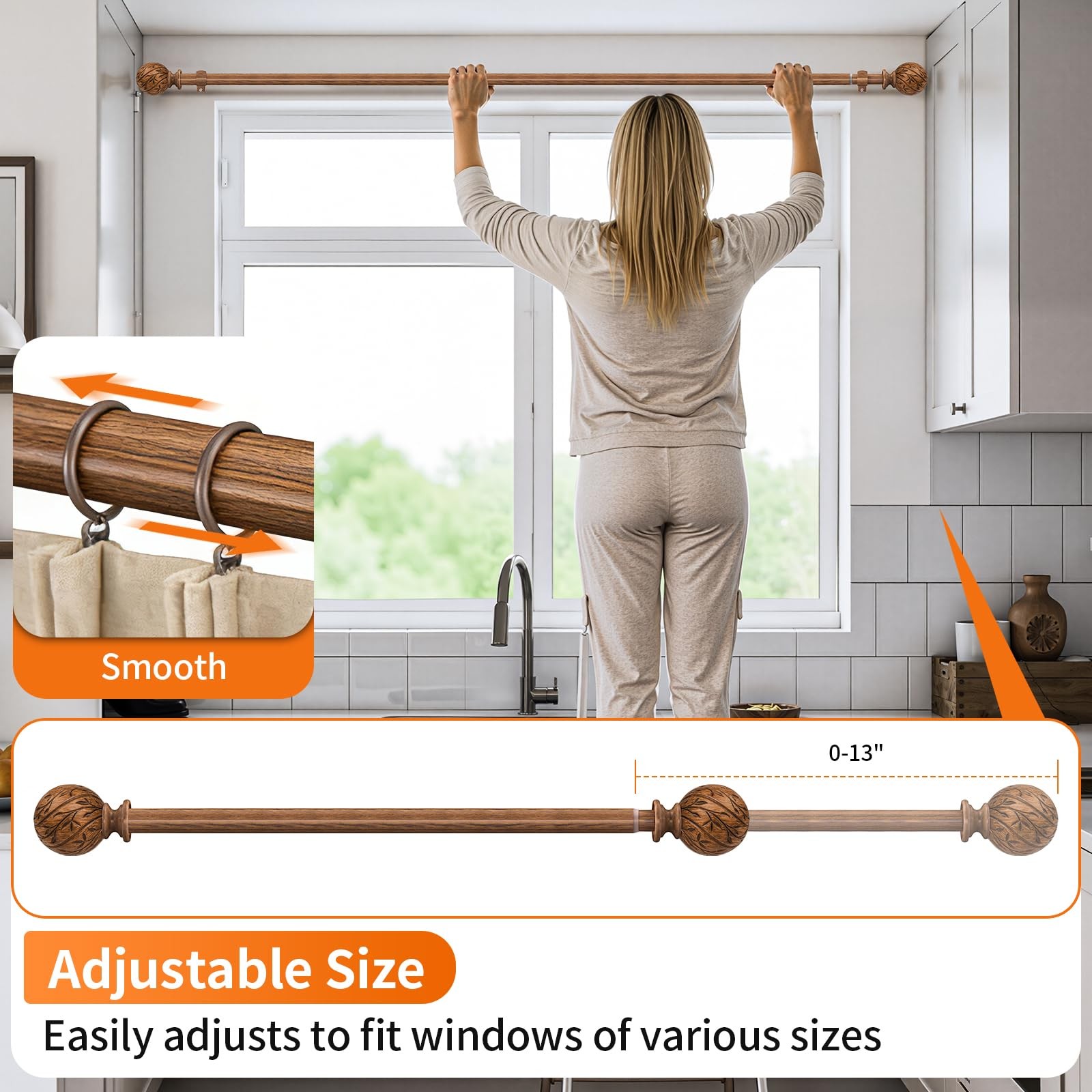 KVEEO Wood Curtain Rods for Windows 18 to 45 Inch, 1″ 18″-45″, Grain