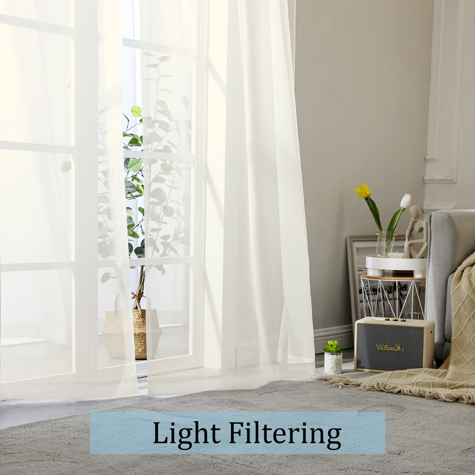42×120 Inch Sheer Curtains, Lightweight Voile, Living Room, Ivory