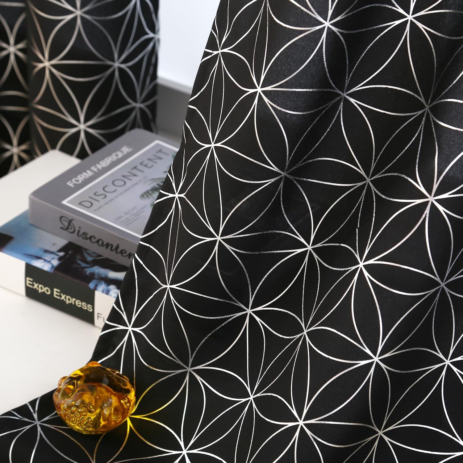 Exclusive Silver Linen Grommet Curtains,Unique Metallic Moroccan Tile FoilPrint