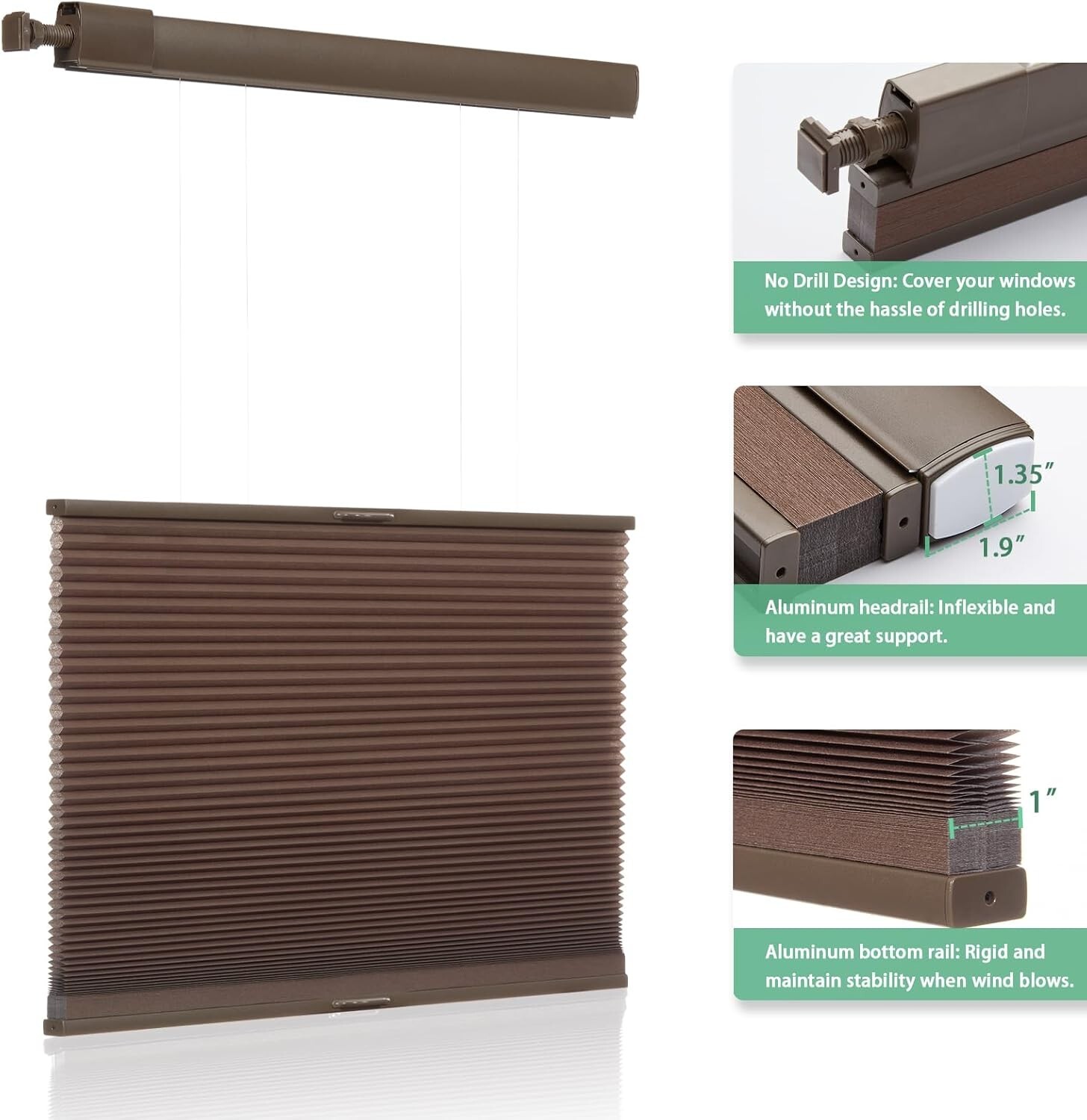 No Drill Top Down Light Filtering Brown Cellular Shade Cordless Honeycomb Blinds