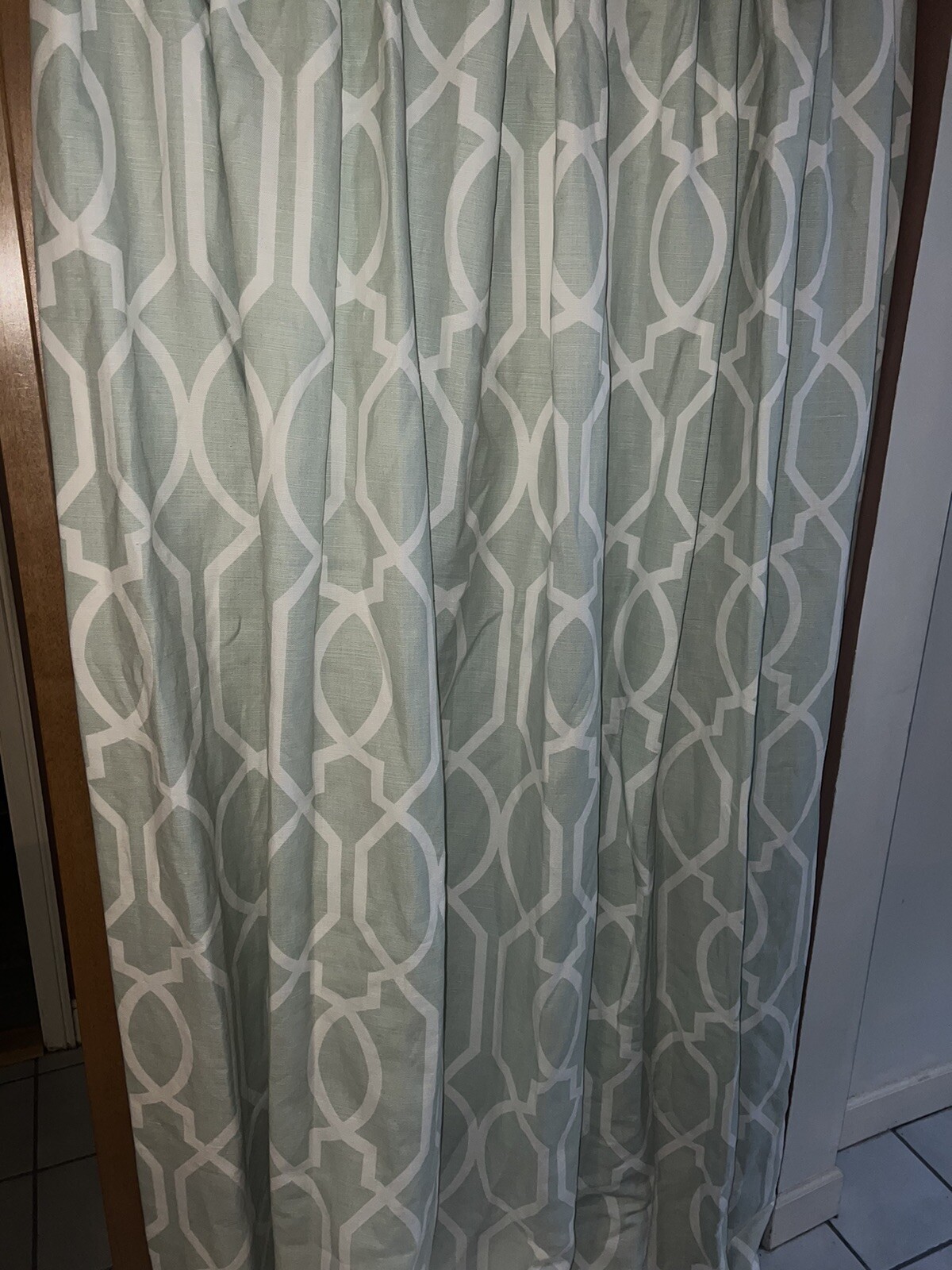 CUSTOM P KAUFMANN PINCH PLEATED DRAPES~BEAUTIFUL LIGHT GREEN~88”L~DAMAGED
