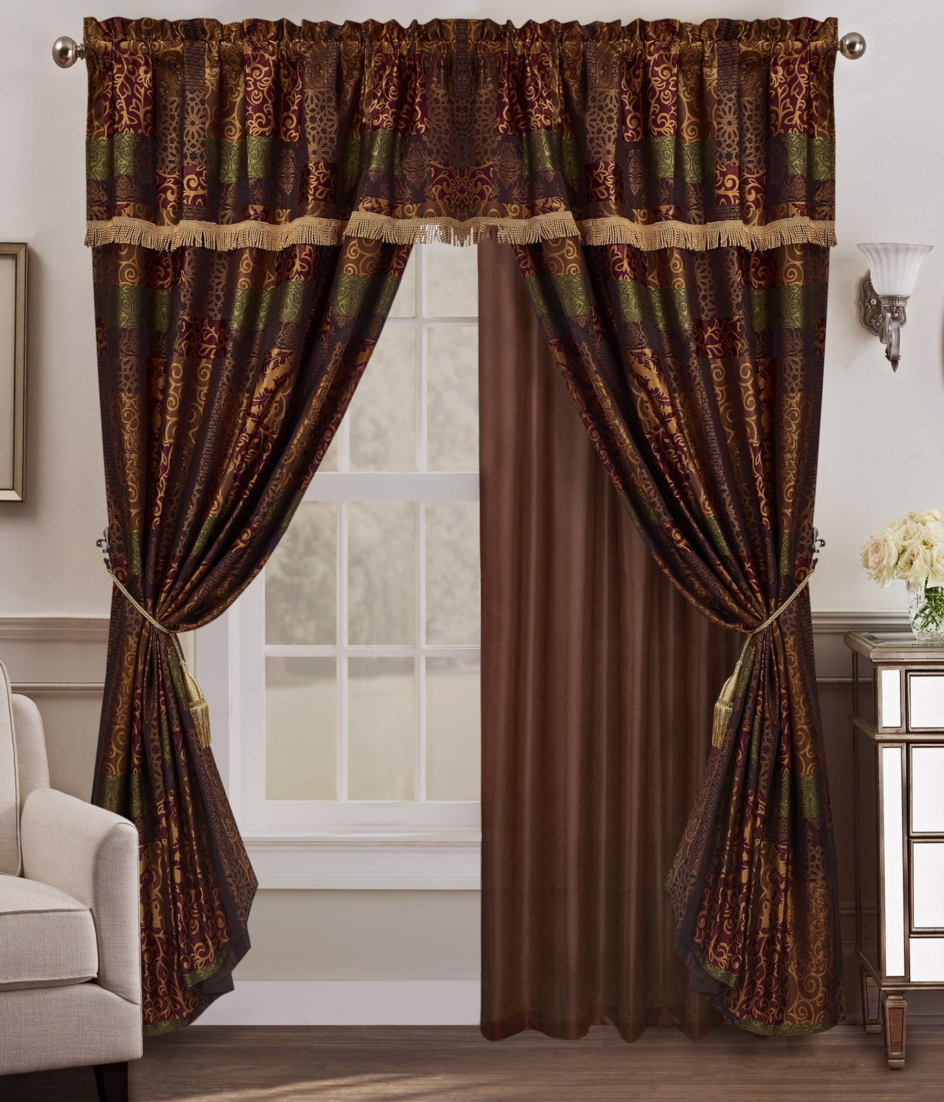 Chezmoi Collection Amelia 4-Piece Multicolor Floral Jacquard Patchwork Curtai…