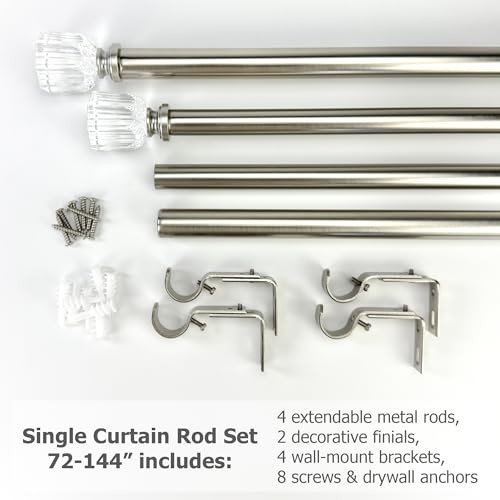 Adjustable 72-144 Inch Silver Curtain Rods for Large Windows 68-140 Inches, 1