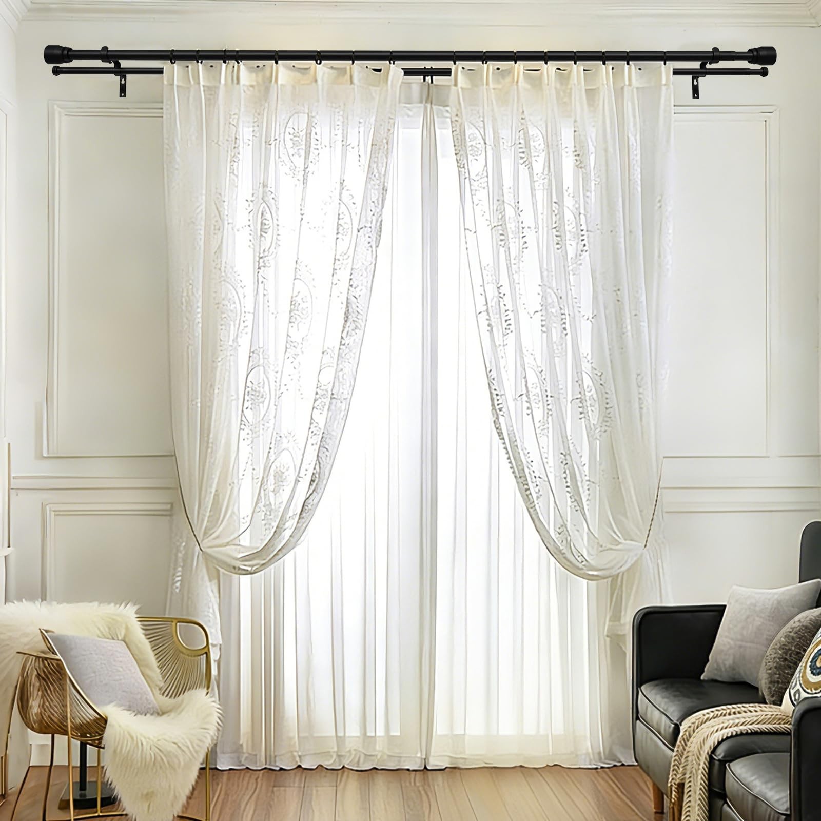 Heavy Duty Double Curtain Rod 3260 Inch Adjustable Matte Black with Brackets