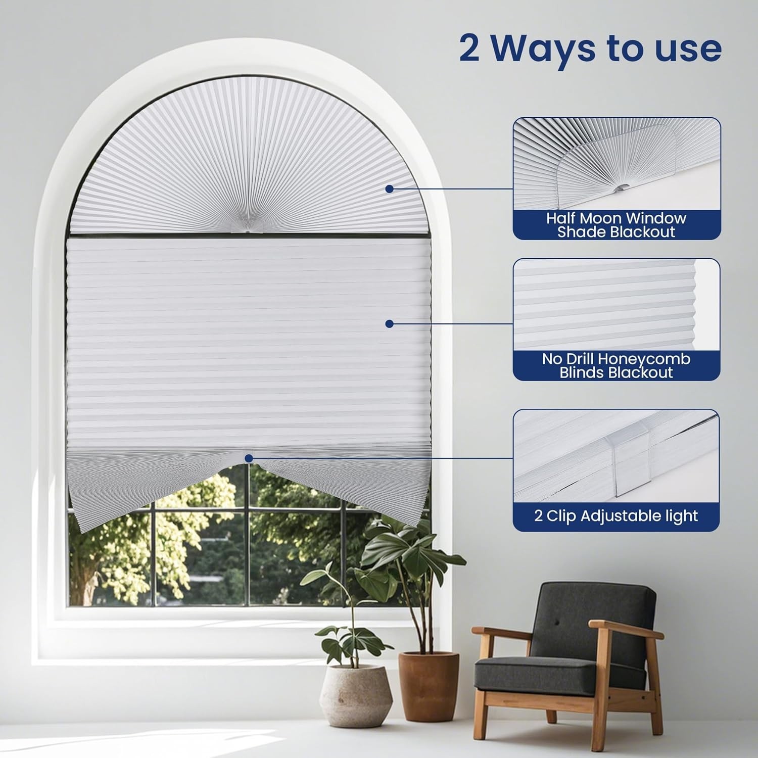 Blackout Window Shades Honeycomb Blinds for Half Circle Windows 24×48 White