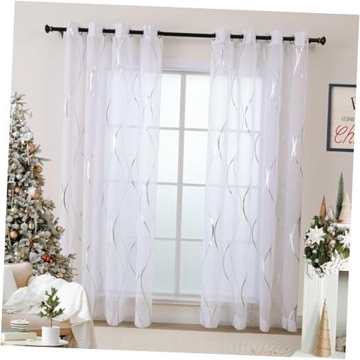 White and Silver Christmas 54″W x 84″L (Pack of 2) (Grommet) Silver Waves