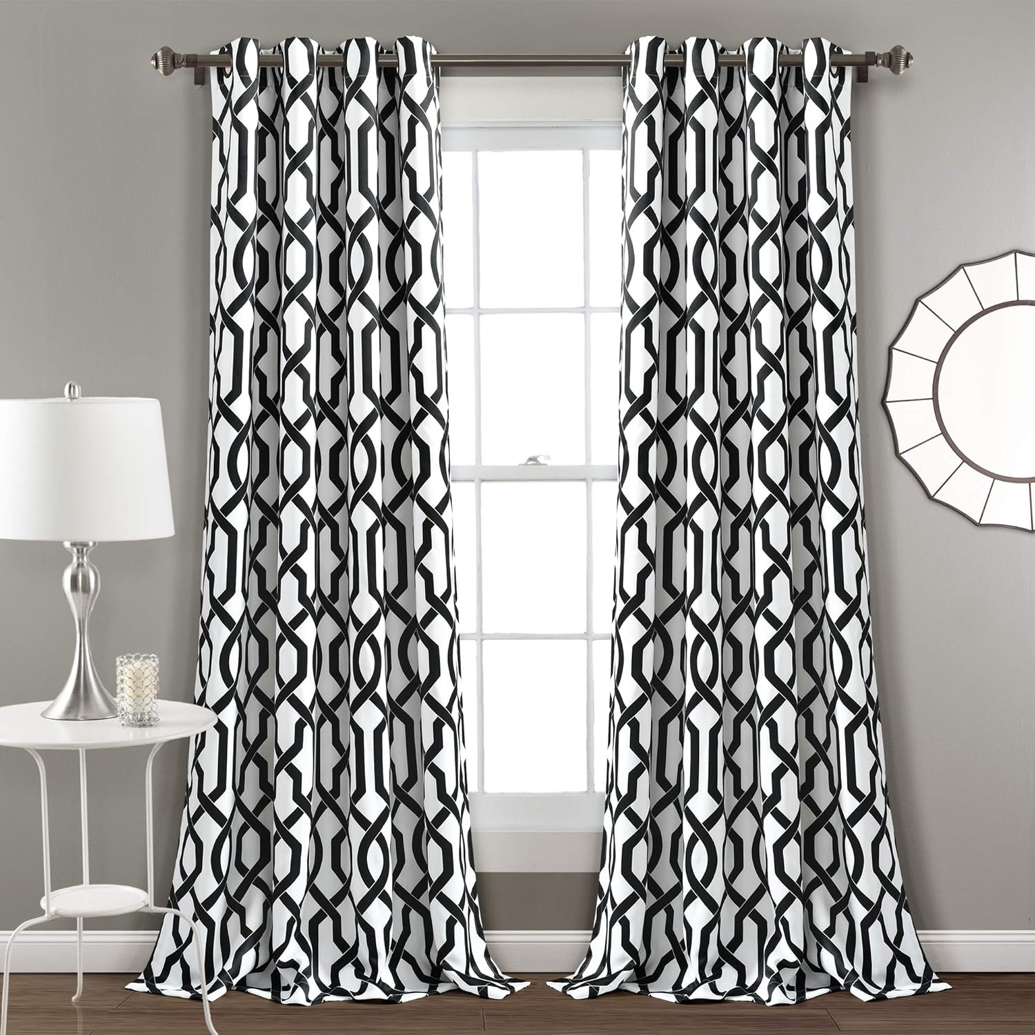 Edward Trellis Light Filtering Curtains, Black & White, 52×95″ Pair