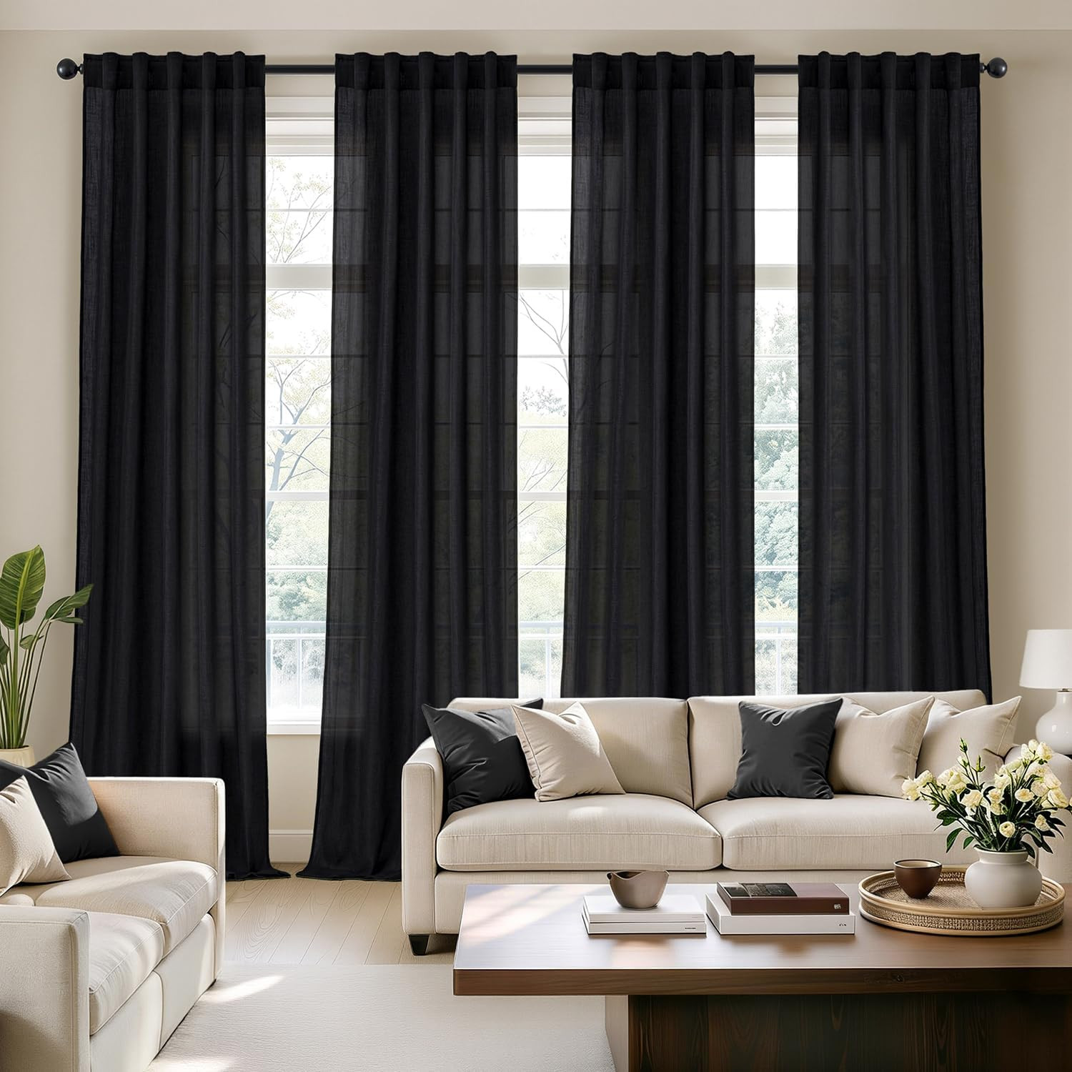 MIULEE Black Linen Curtains 84 Inch Long 4 Panels Light Filtering Window Drapes