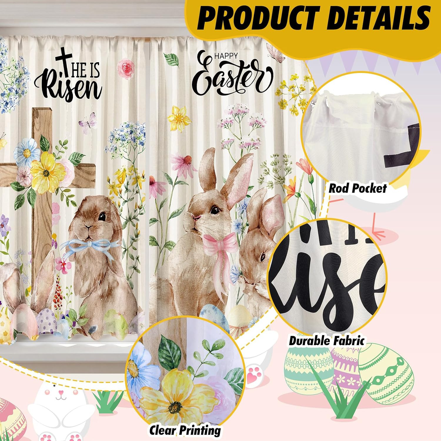 2 Pcs Easter Curtains for Living Room Rabbit Egg Cross Curtains 52 X 84 Inches E