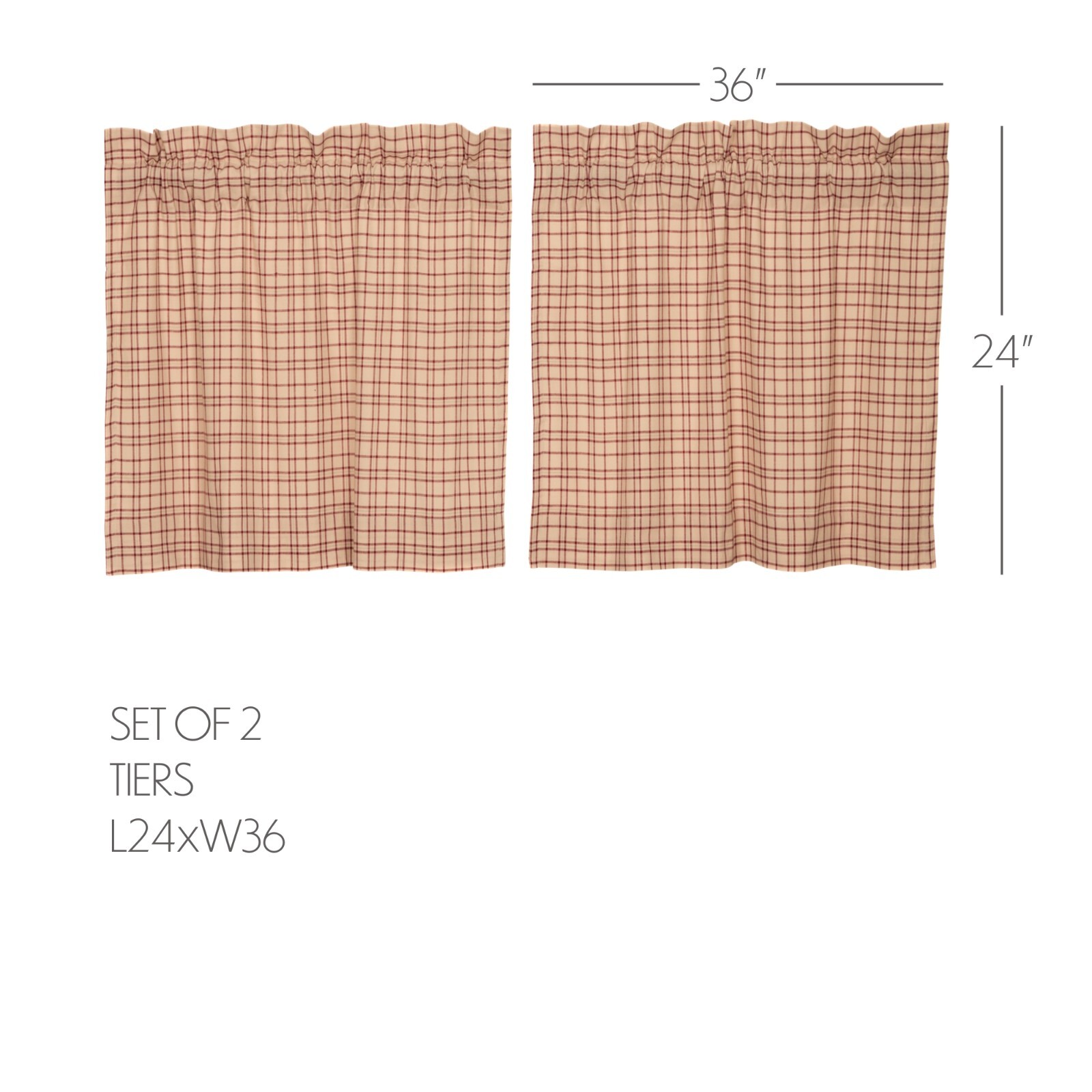 Tacoma Tier Set 24″ Long Country Primitive Cafe’ Creme Barn Red Evergreen Plaid
