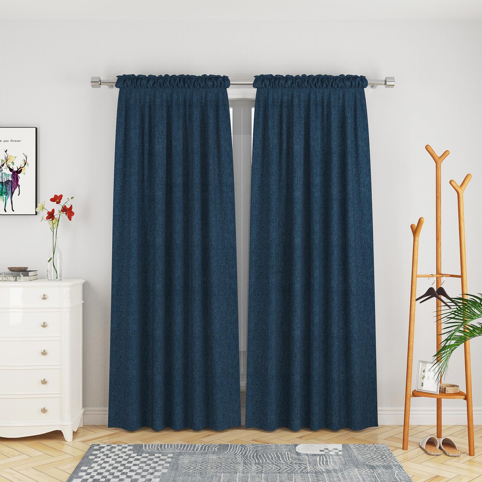 Upopo Curtains 72 Inches Long Kitchen Linen Textured Privacy Semi Sheer Navy