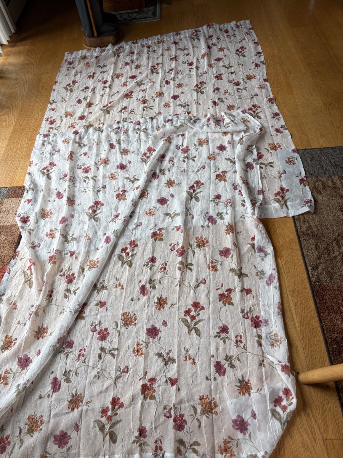 Pair of Window Sheer Panels Ecru With Floral Print Rose Yellow Copper 52 X 64