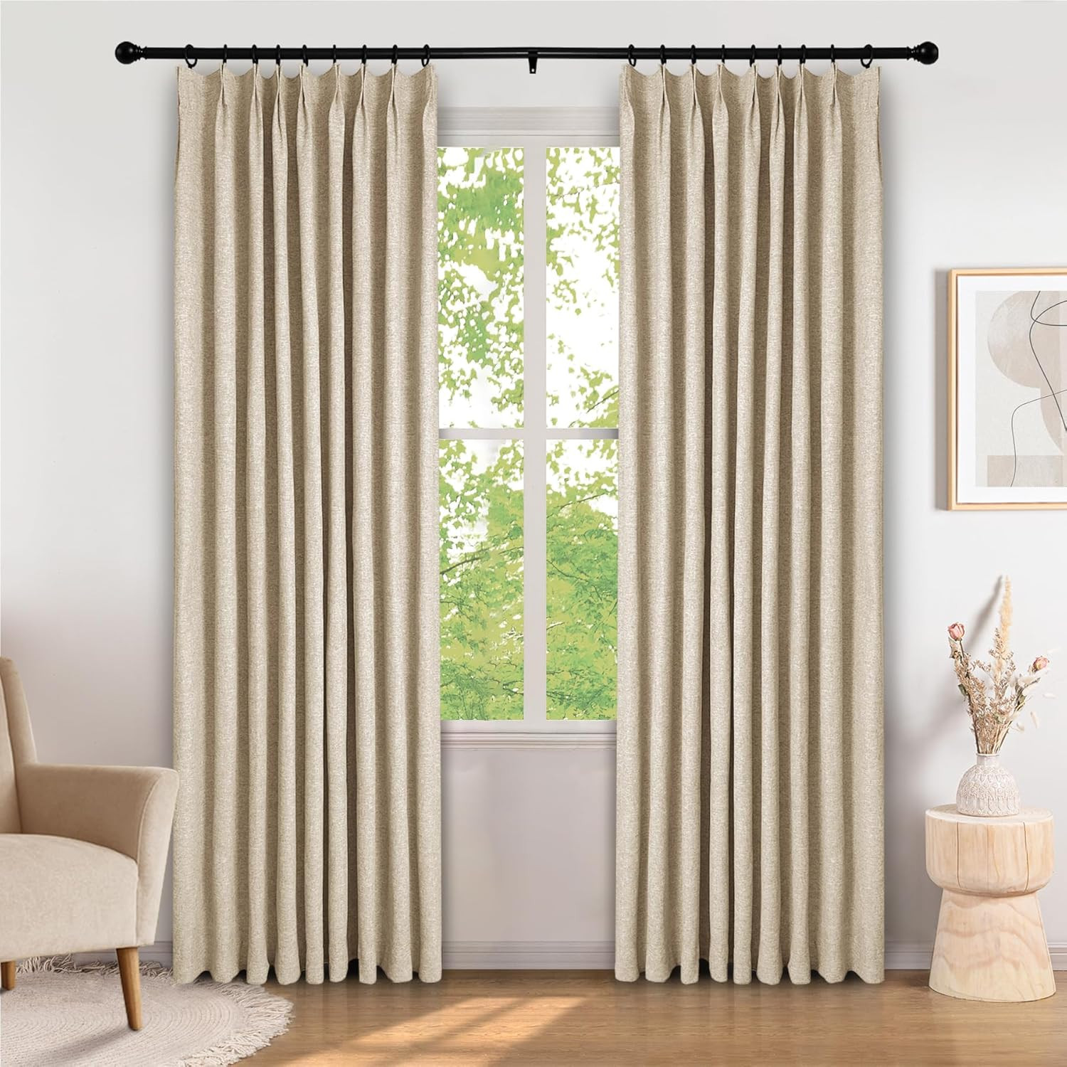 100% Blackout Curtains 84″ Long, Sand Beige, Pinch Pleated Drapes