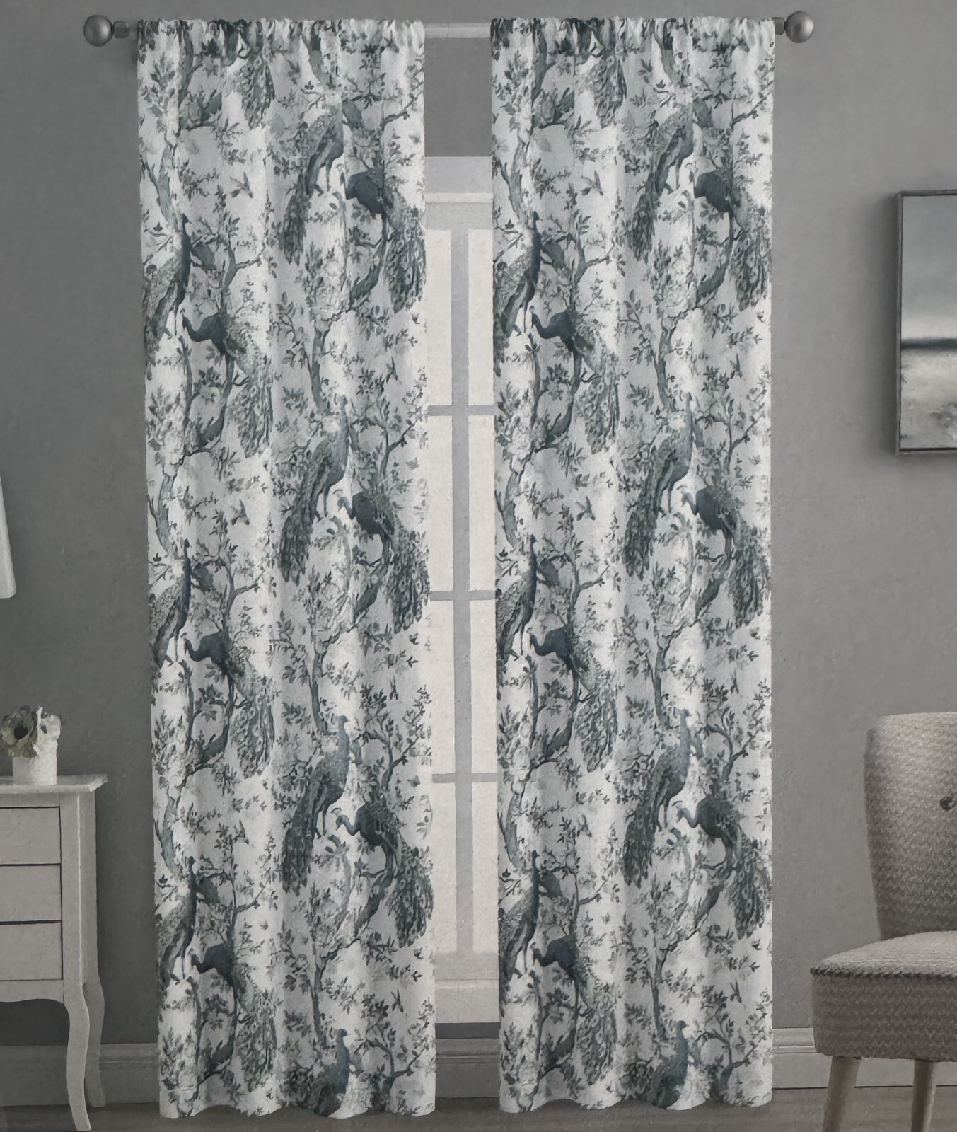 NIP Laura Ashley Window Curtains 2 Panels 38 x 84 Peacock Green Gray Pole Top