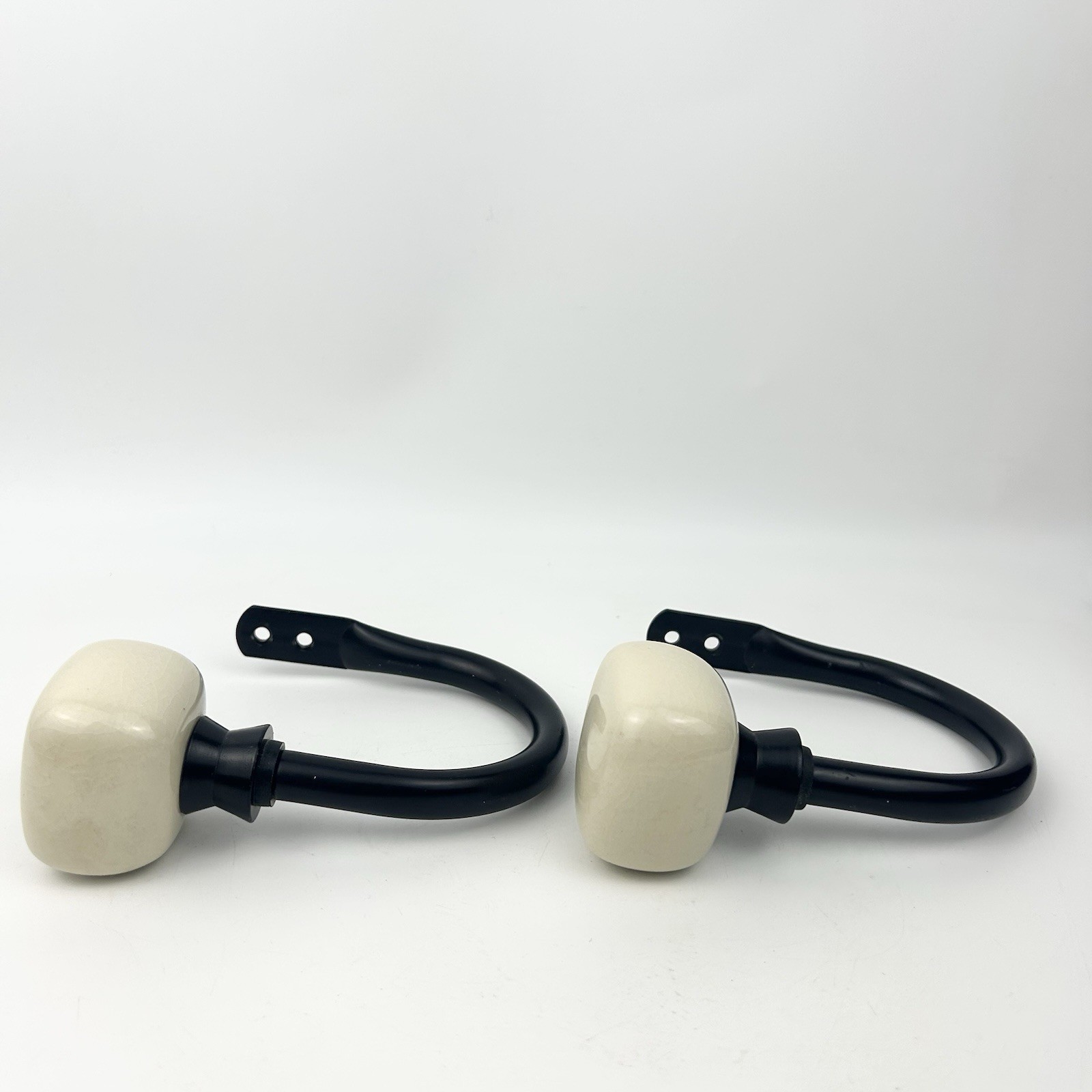 2 Black and Cream Ceramic Square Geometric Knob Curtain Holdbacks #3