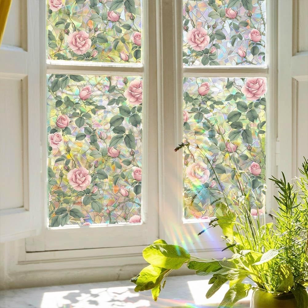 Retro Pink Rose Flowers Window Privacy Film,3D Stained Glass Rose Rainbow Win…