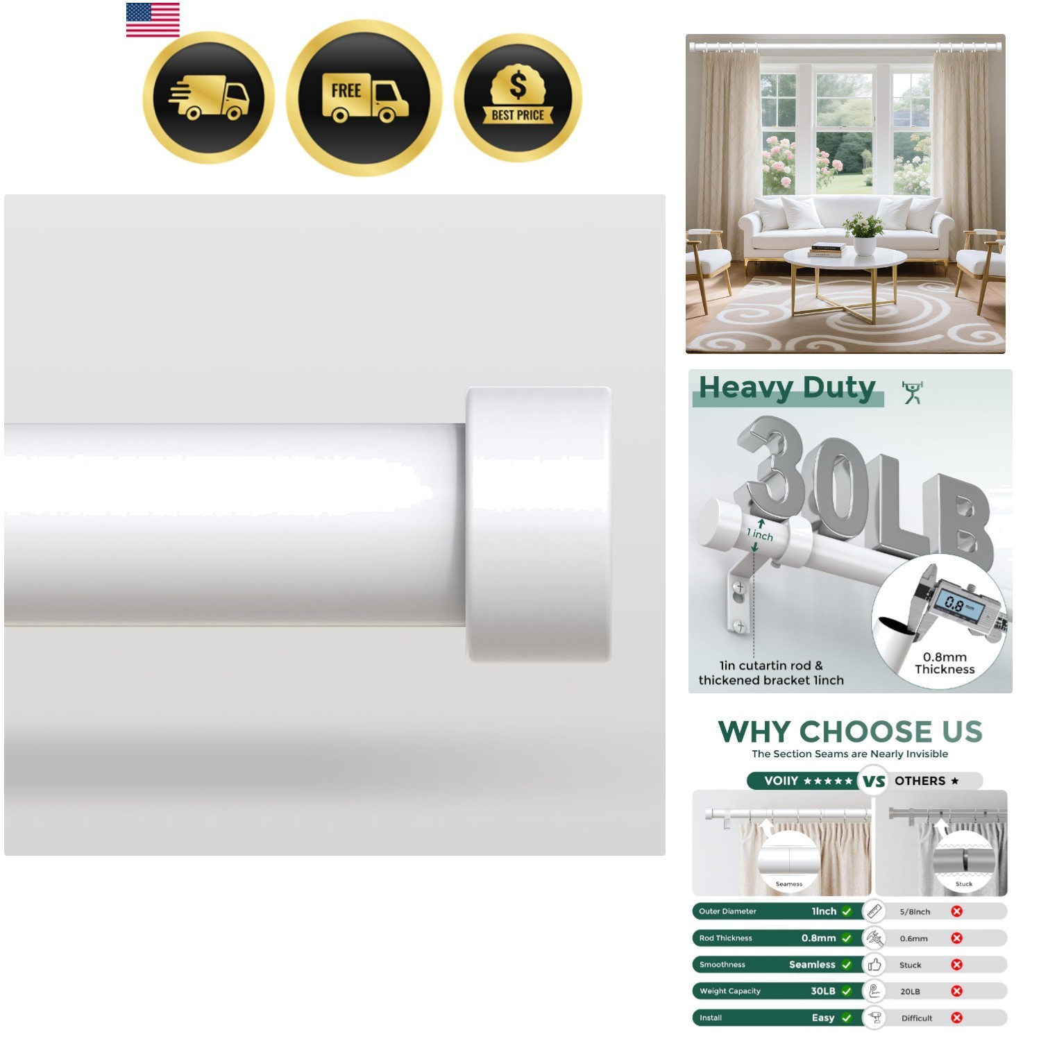 White Curtain Rods for Windows 48 to 84 Inch4-7 Feet,1″ Diameter Drapery Rods…