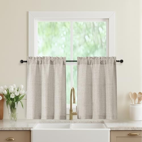 Kitchen Curtains 30 Inch Length 2 Panels, Light 30″W x 30″L (Pack of 2) Linen