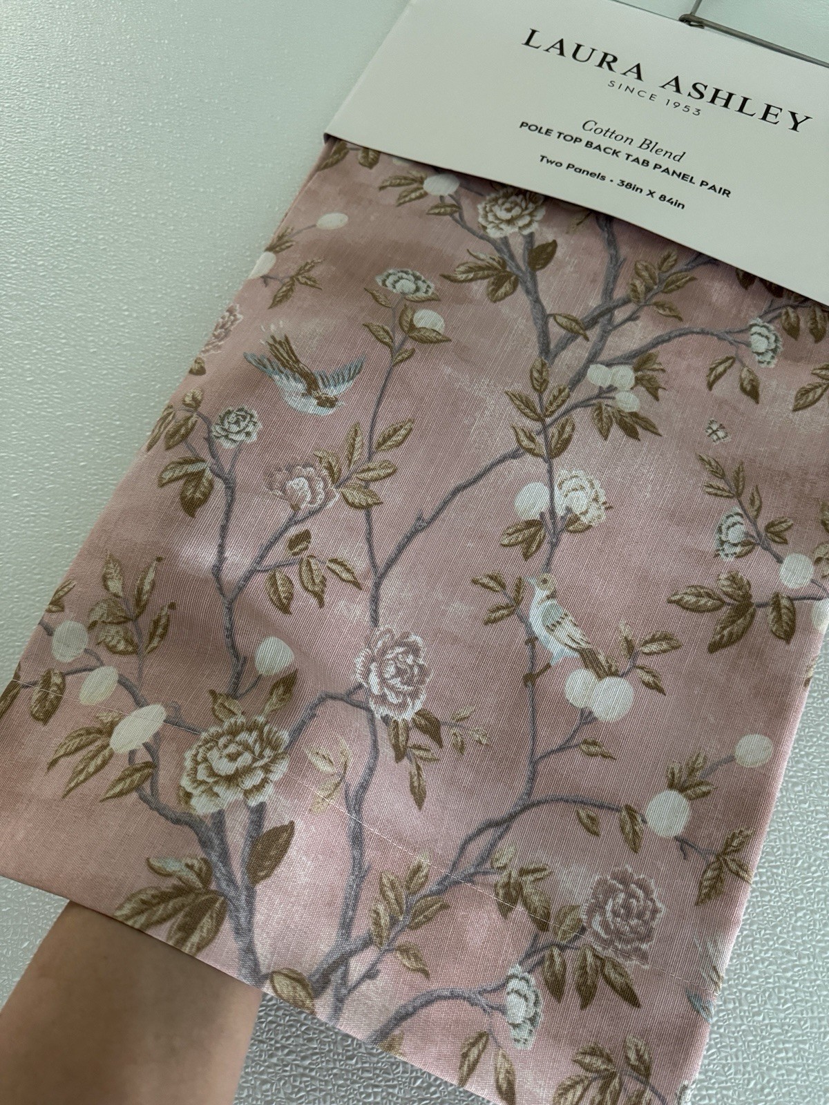 NIP Laura Ashley Window Curtains 2 Panels 38 x 84 Birds Rose Pink Brown Back Tab