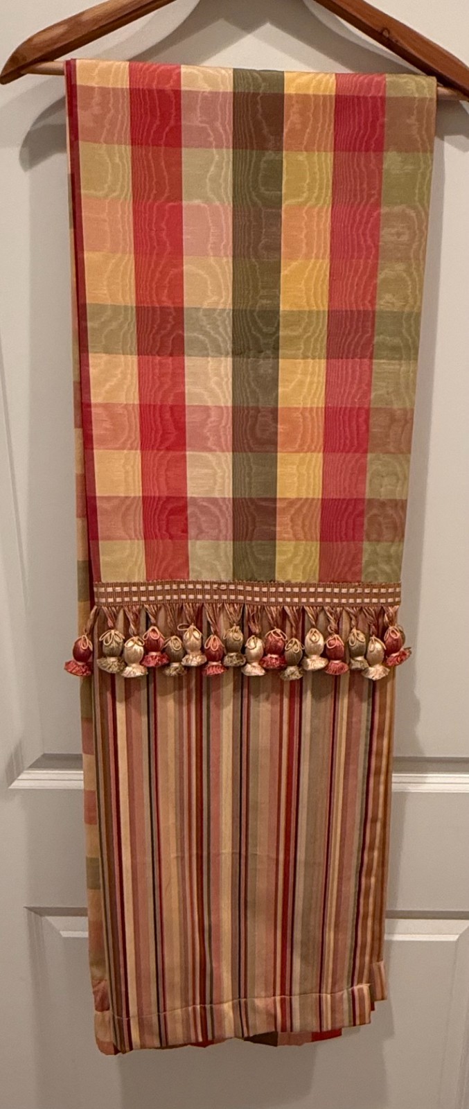Two French COUNTRY CURTAINS Custom Moire Plaid Rose drapery panels 23½ x 81 each