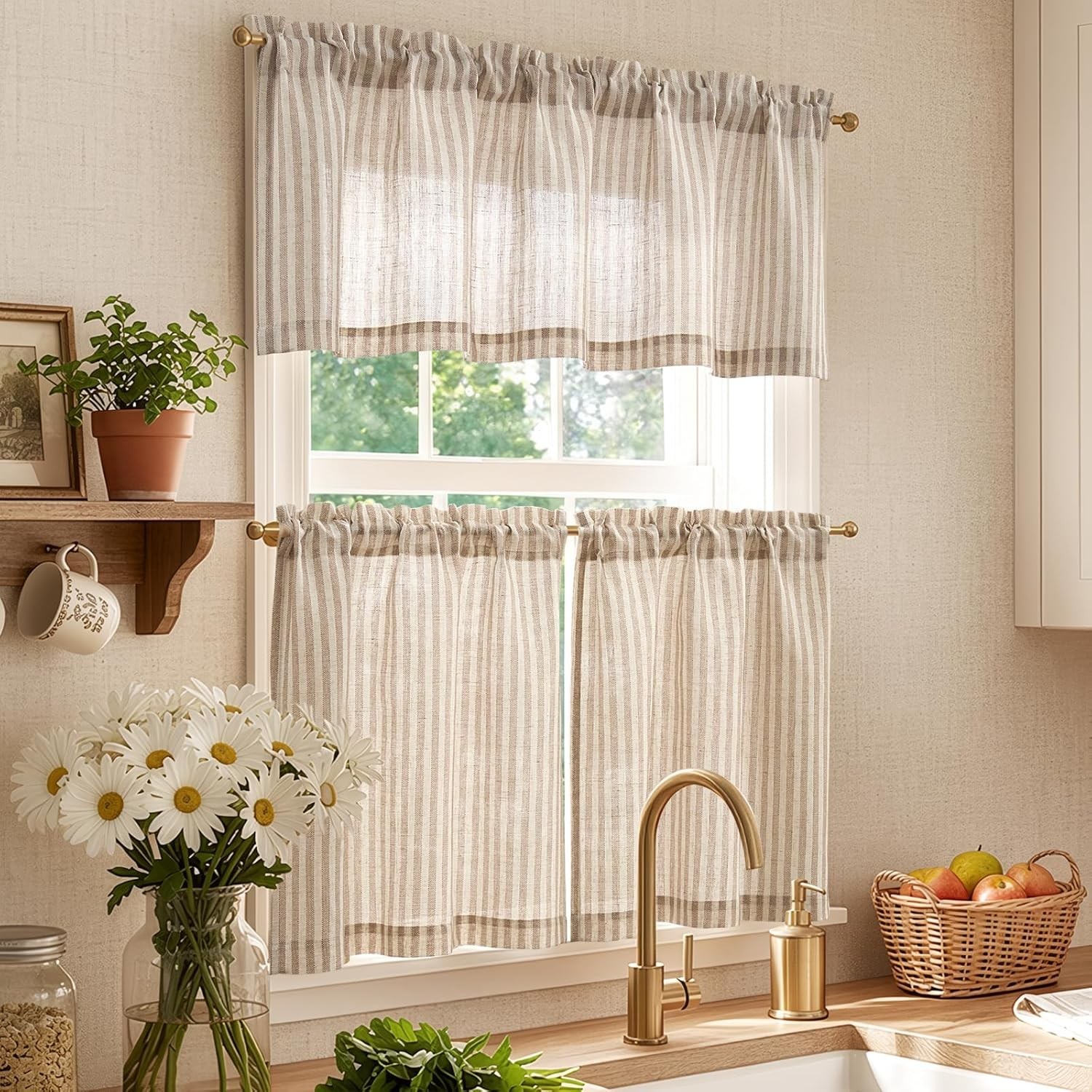 Kitchen Curtains and Valances Set Striped Tier Curtains Ticking Stripe Linen …