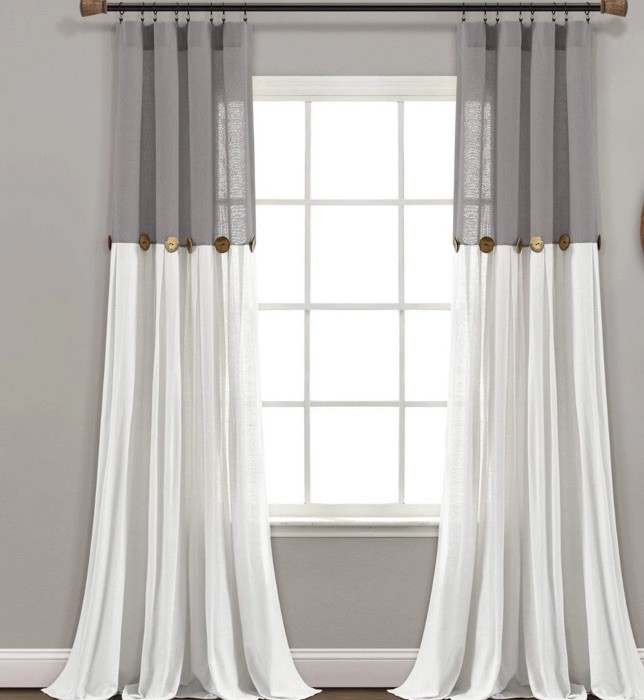 2 Linen Button Window Curtain Panels 40″ W x 84″ L, Dark Gray & Off White