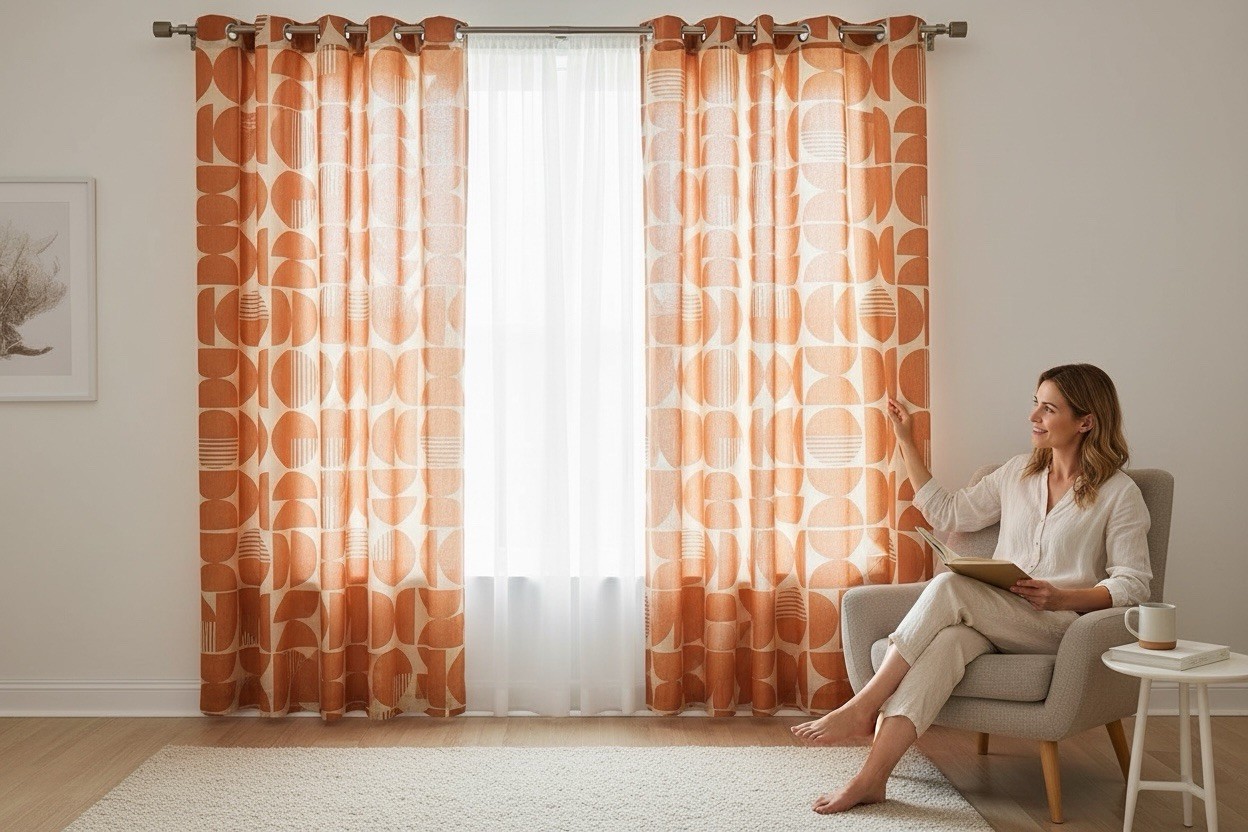 2 MCM Geometric Curtain Panels 52×84 Terracotta Orange Circles Scandinavian Look