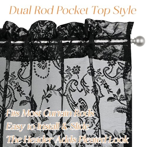 Sheer Lace Valance Curtains for Window 52″W x 18″L (Pack of 1) Black – Tassels